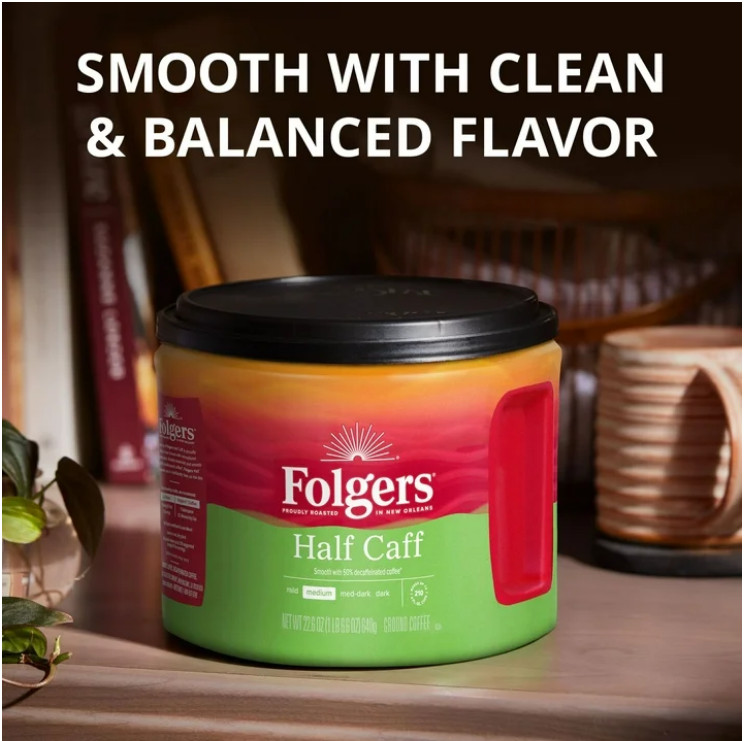 4 Pack Folgers Half Caff Medium Roast Coffee, 22.6 oz Canister
