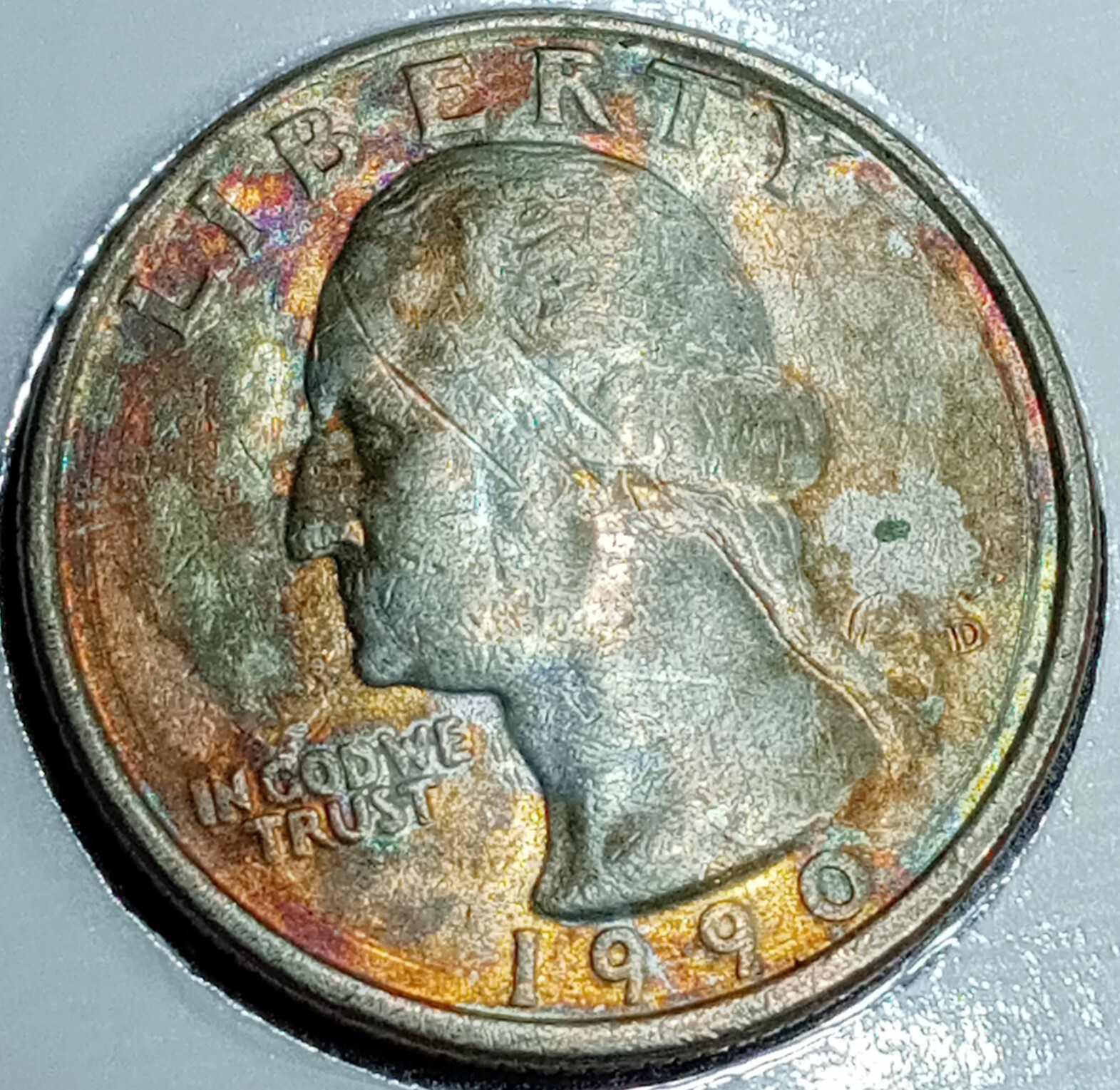 1990 D Washington Quarter Toning Both Sides Missing Clading Green Most Copper