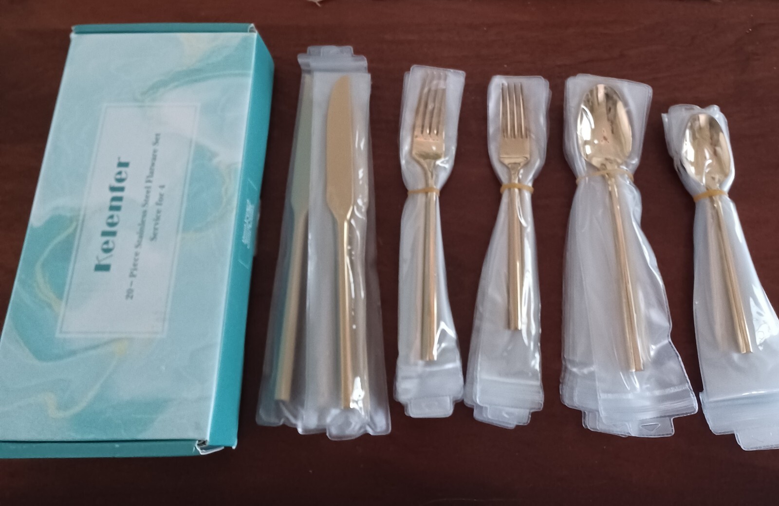Kelenfer 20 piece flatwear set-gold colored stainless steel-hexagon handle