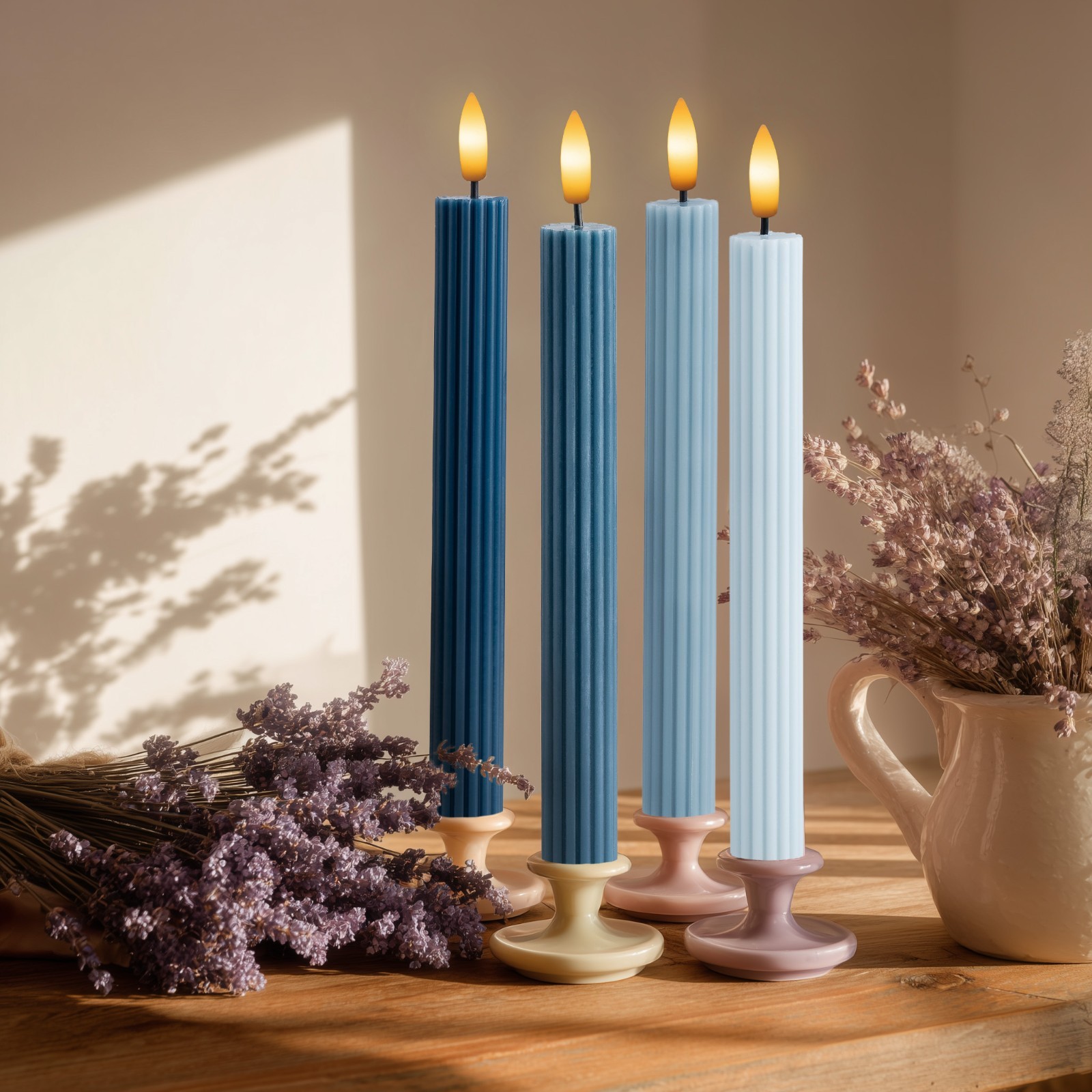 4 Pack 10" Overcast Blue LED Flameless Taper Candles with Remote & Timer