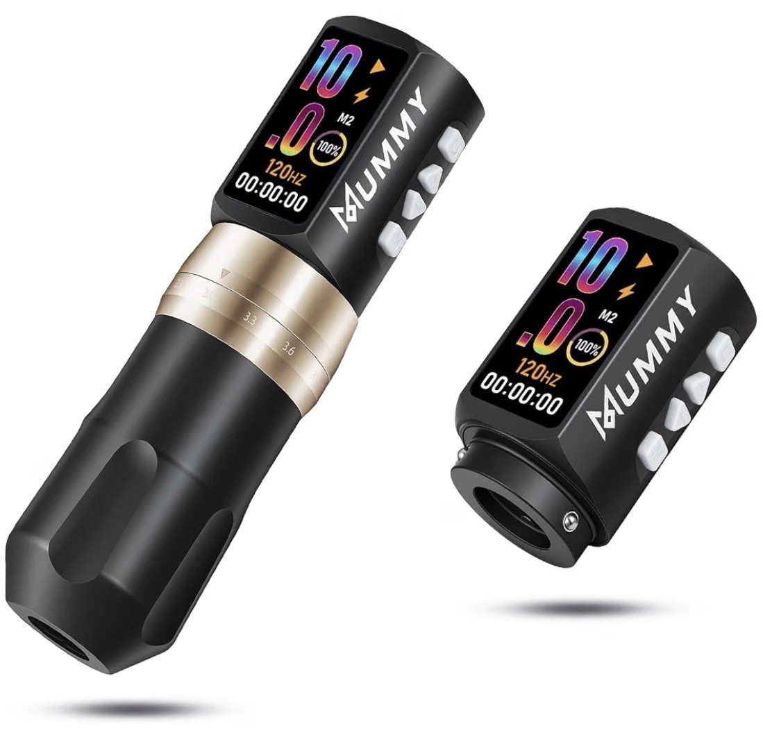 MUMMY Wireless Tattoo Machine, 2 Batteries, 2.4-4.2mm Stroke, OLED (Black)