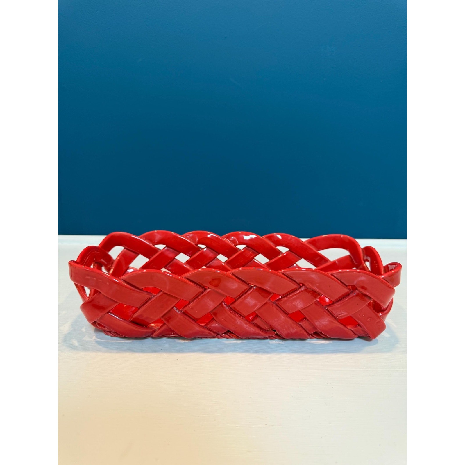 Vintage Primo Gi Red Ceramic Woven Bread Basket Italy Large Weave