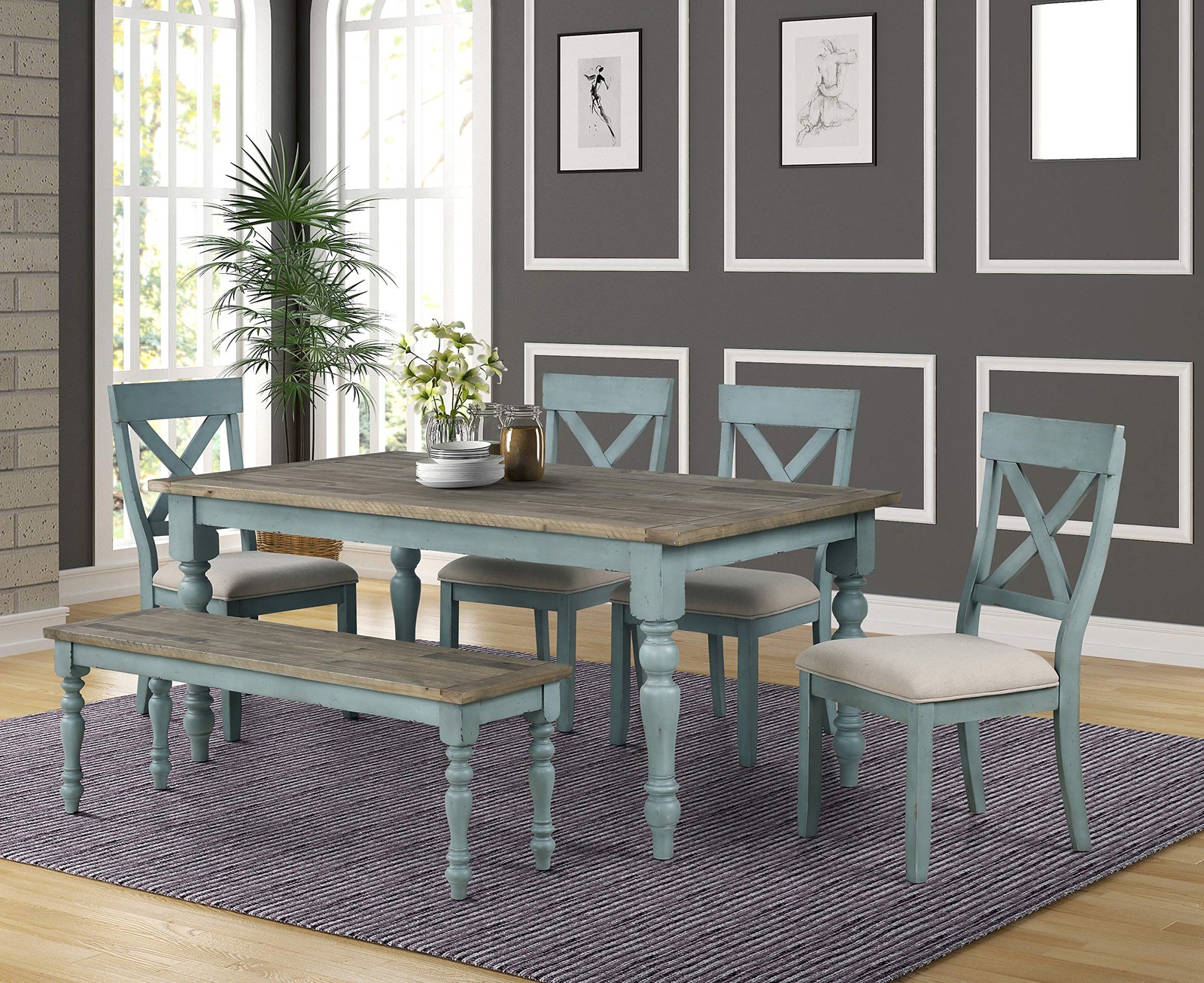 Prato 6-Piece Dining Set, Dining Table with 4 Cross Back Chairs and Bench, An...