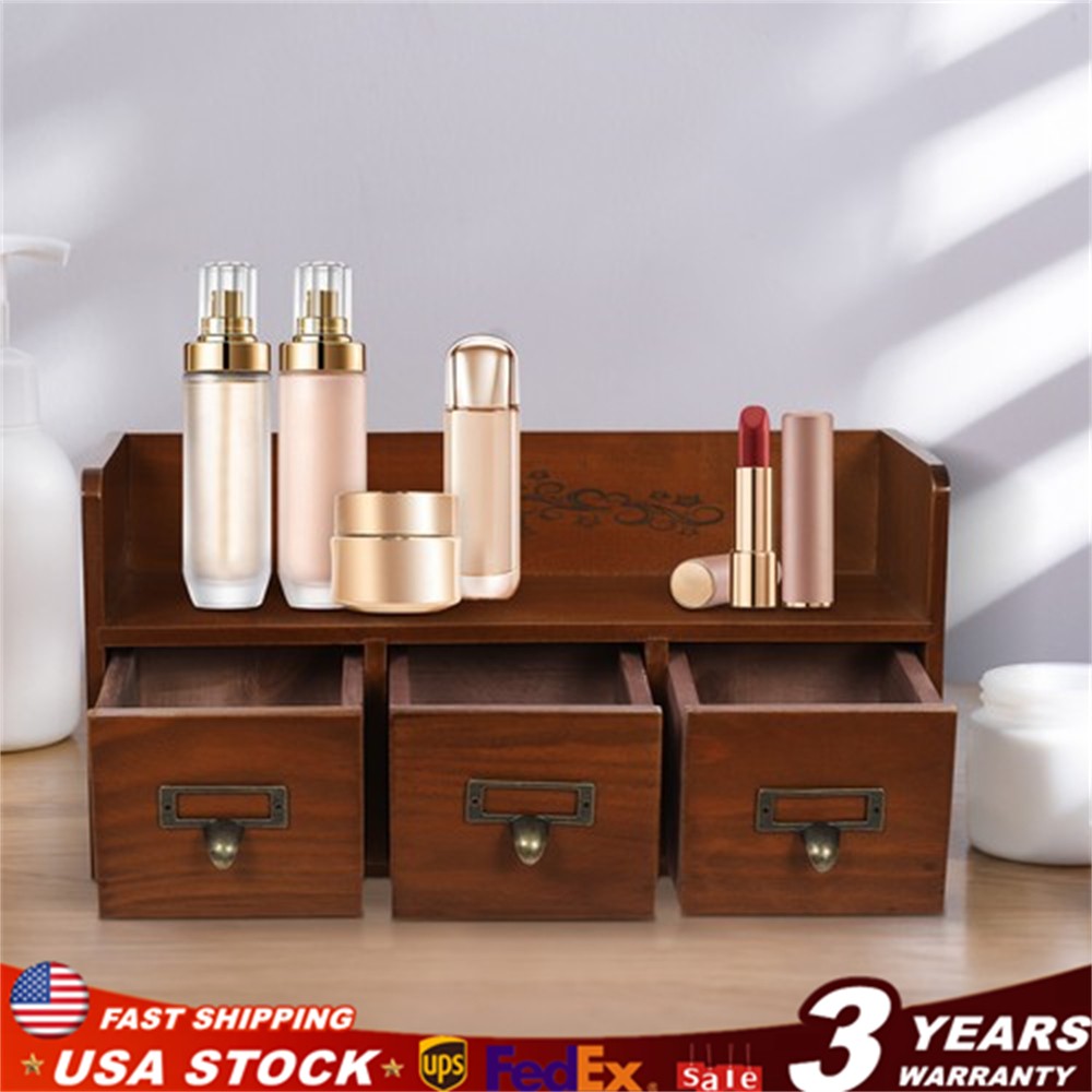 Retro 3 Drawers Wood Desktop Storage Cabinet Cosmetic Jewelry Organizing Cabinet