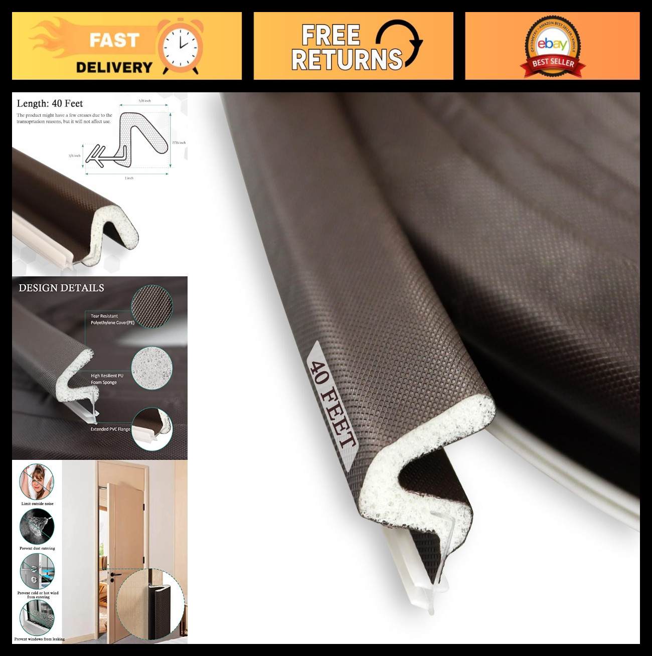 40 Ft Foam Weather Stripping Door Seal Strip - Easy Cut, Slot Installation, Brow