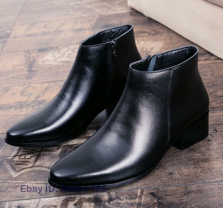 Men's Leather Casual Zipper Pointy Toe Block Ankle Boot Chelsea Work Dress Shoes