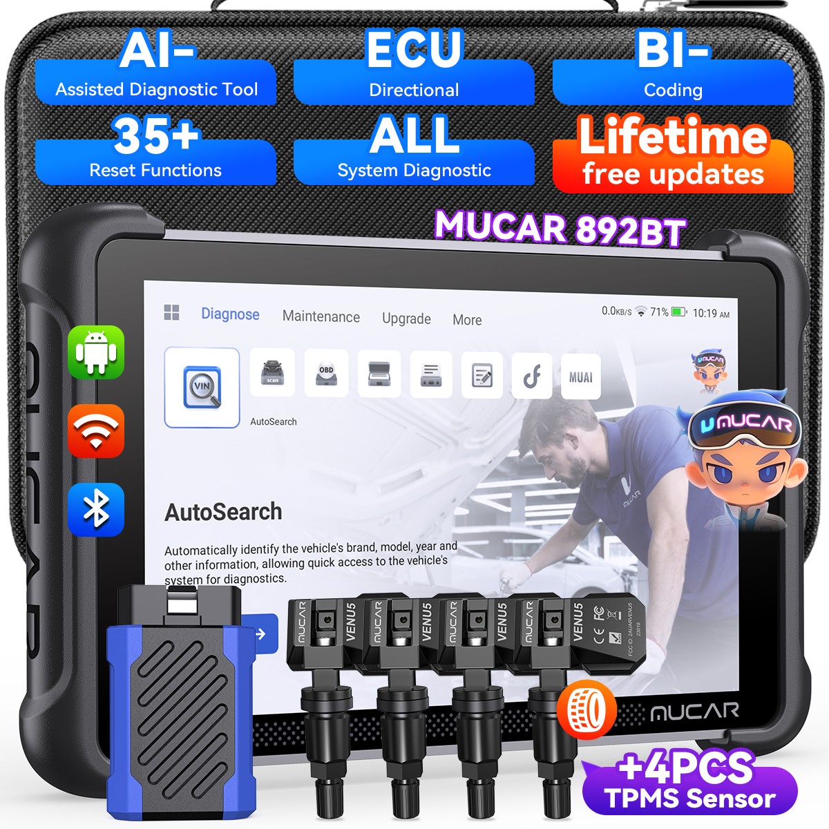MUCAR 892BT Full System Car auto Diagnostic OBD2 Scanner 35 Reset +TPMS Sensor