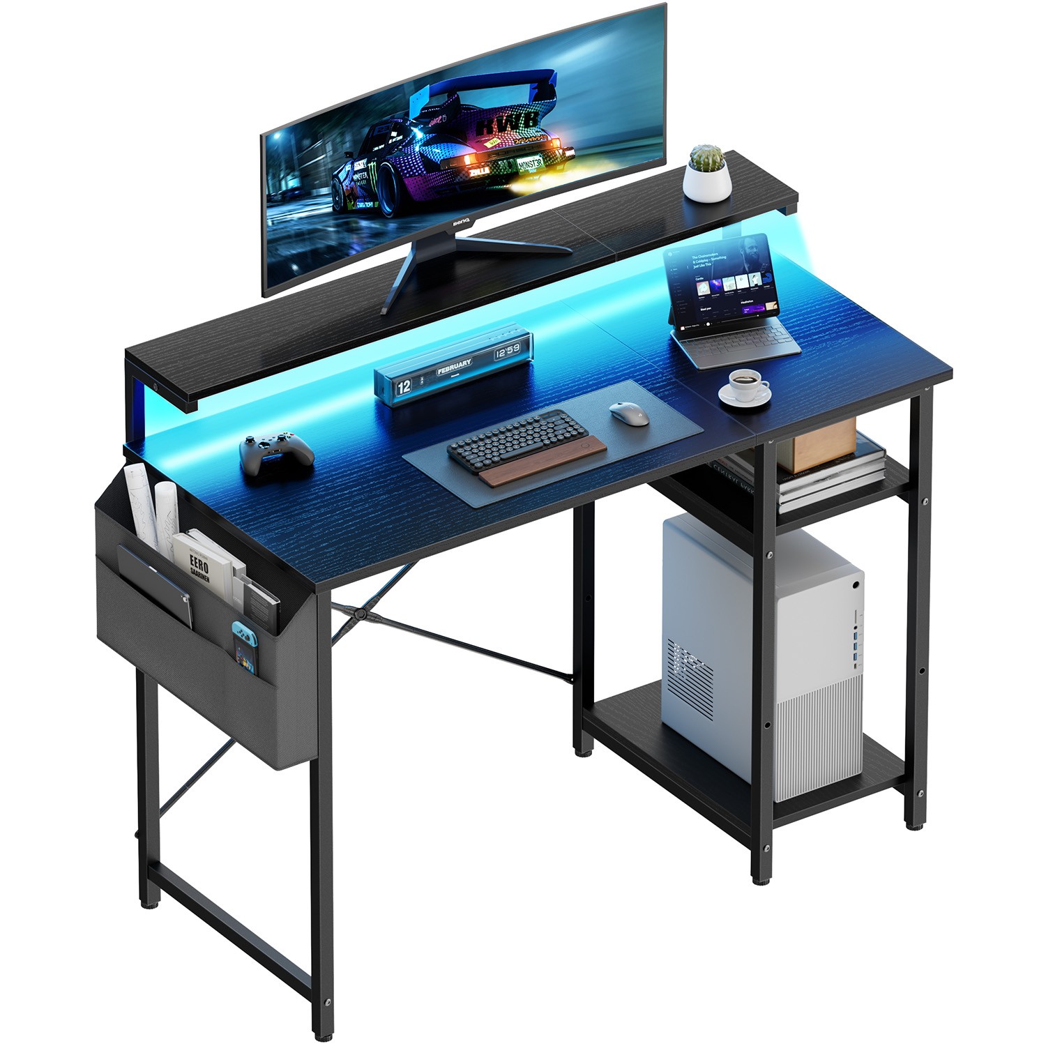 40 inch Home Office Desk with LED Lights & Monitor Stand, Computer Desk
