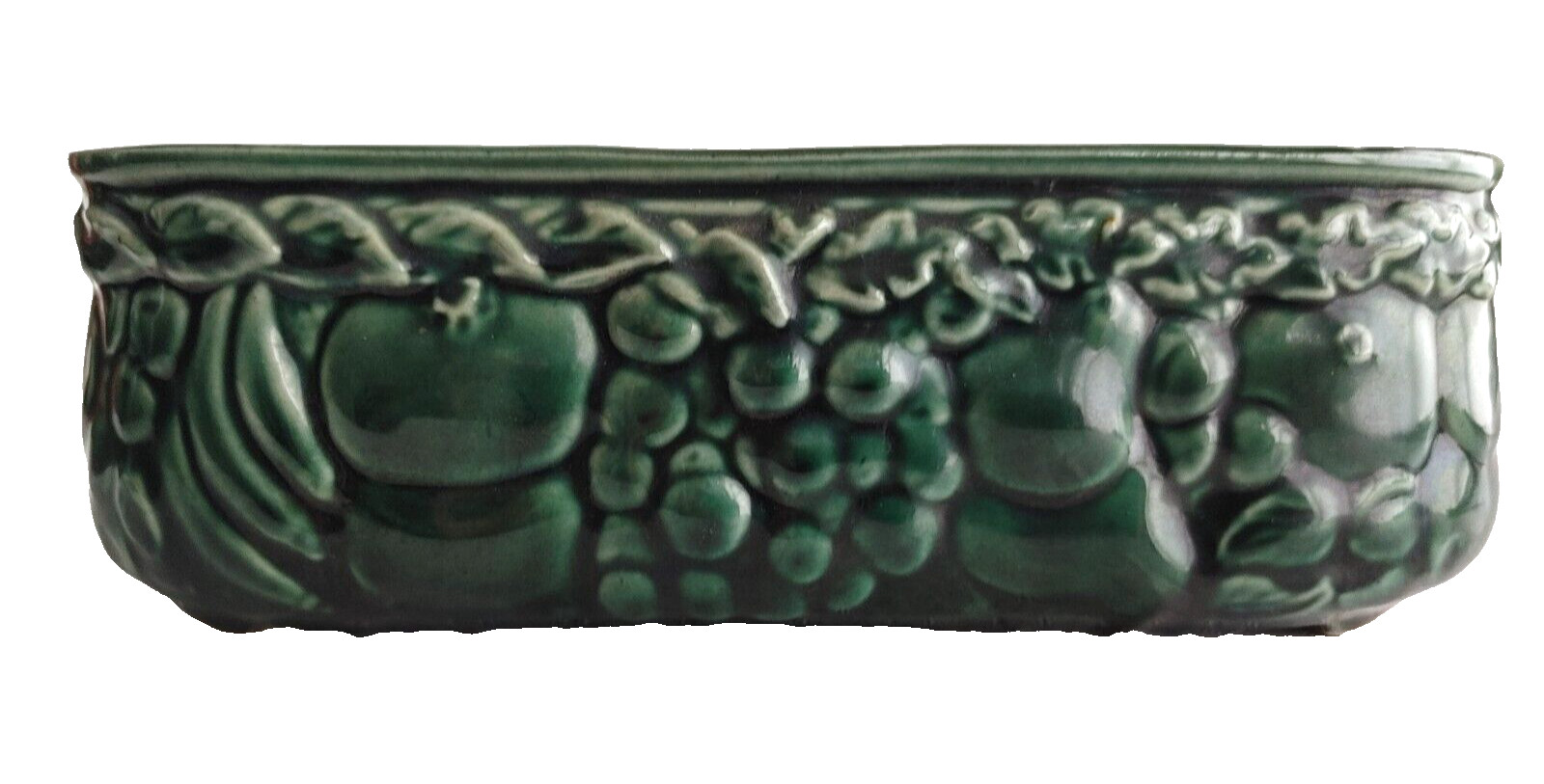 Vtg Dark Green Oval Ceramic Planter w/ Embossed Fruit Approx 10" x 4" #20714