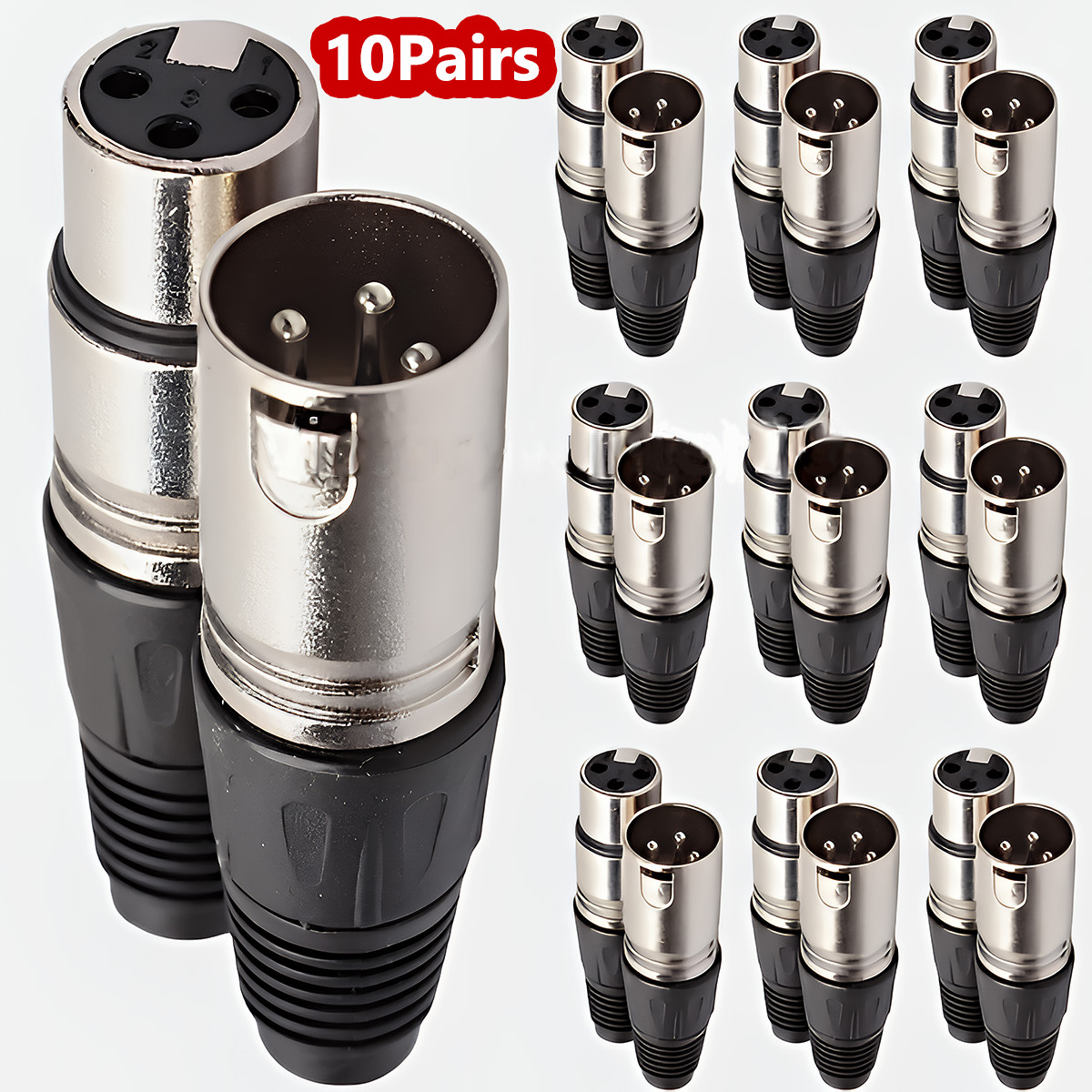 10 Pair Male+Female XLR Audio Cable Connector Plug Jack Microphone Adapter 3-Pin