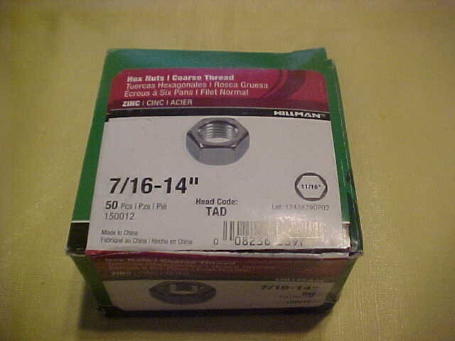 Qty 50 7/16-14  Course thread  ZINC Hex NUTS Free shipping