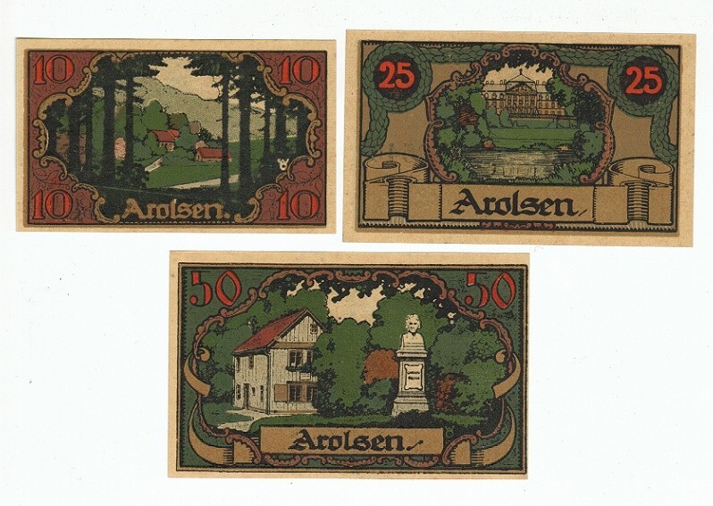 SET OF 3 GERMANY NOTGELD 10.25.50 PFENNIG AROLSEN 1921 UNC