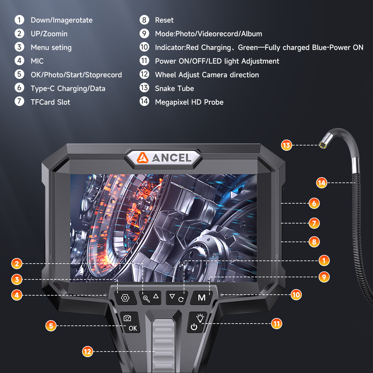 ANCEL AN301 4.3'' Industrial Endoscope Camera 2-Way Articulating Borescope Tool