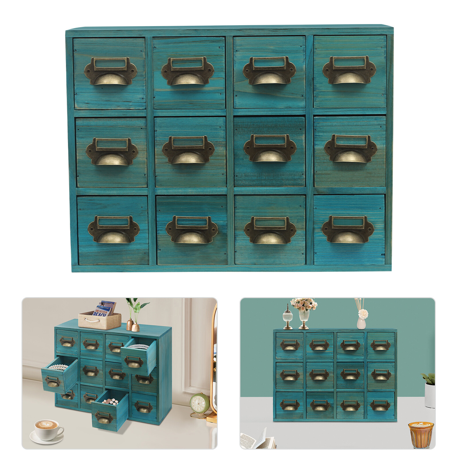 Blue 12Drawer Storage Cabinet Rectangular Desktop Drawer Organizer WoodenCabinet