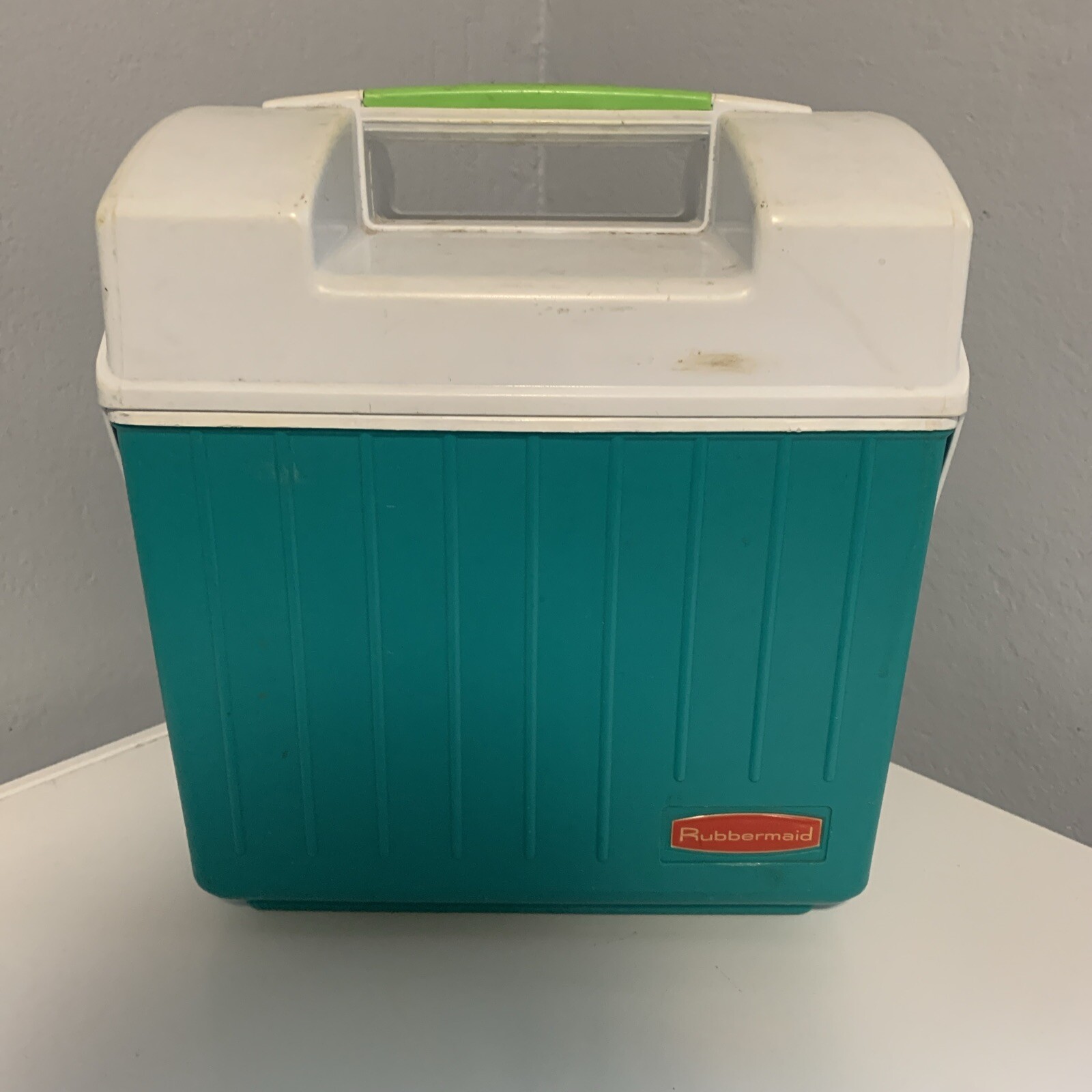 Vintage Rubbermaid Sidekick Cooler Teal with bright green accents