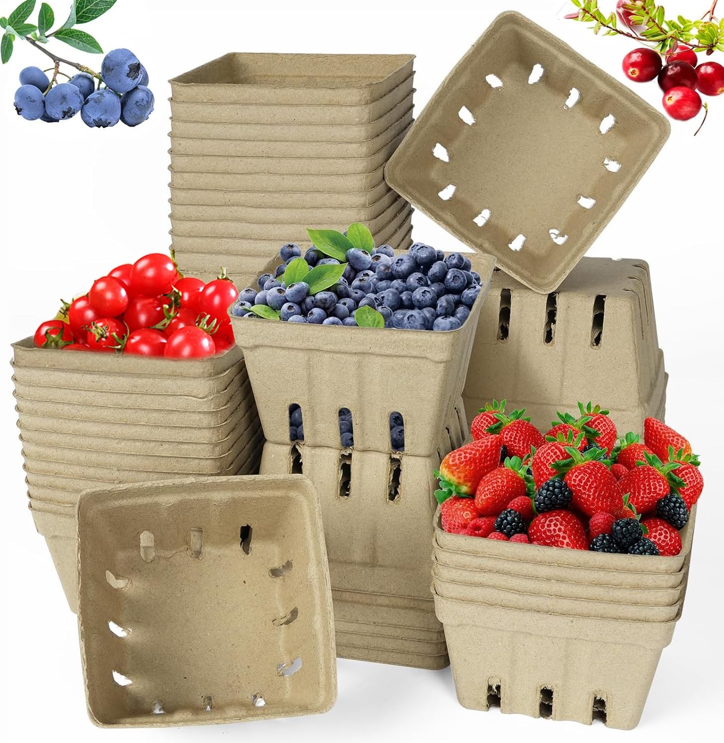 60 PCS Natural Pulp Fiber Berry Baskets Molded Vented Produce Fruit Storage