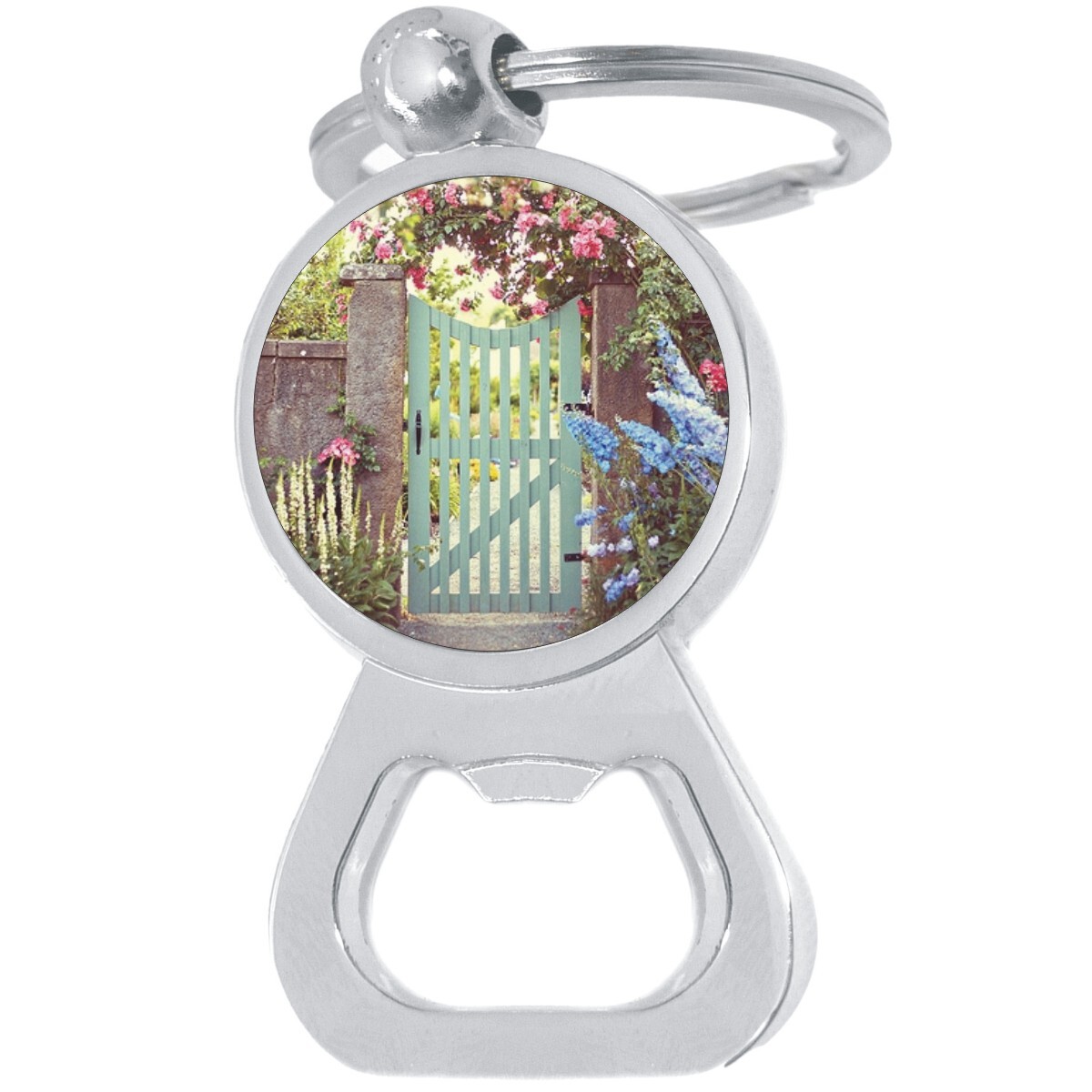 Garden Gate Bottle Opener Keychain - Metal Beer Bar Tool Key Ring