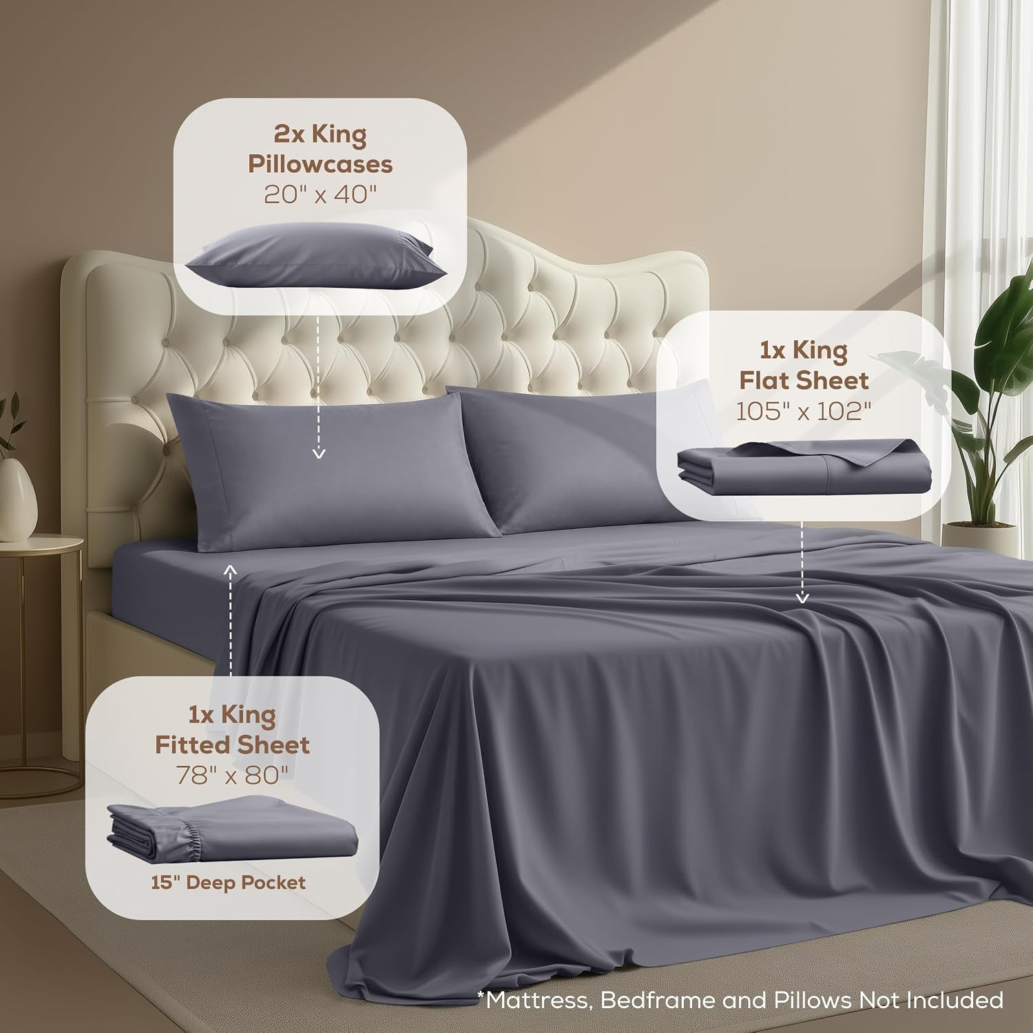 King Size Sheet Set – 4 Piece Bed Sheets, Soft and Breathable Microfiber, Includ