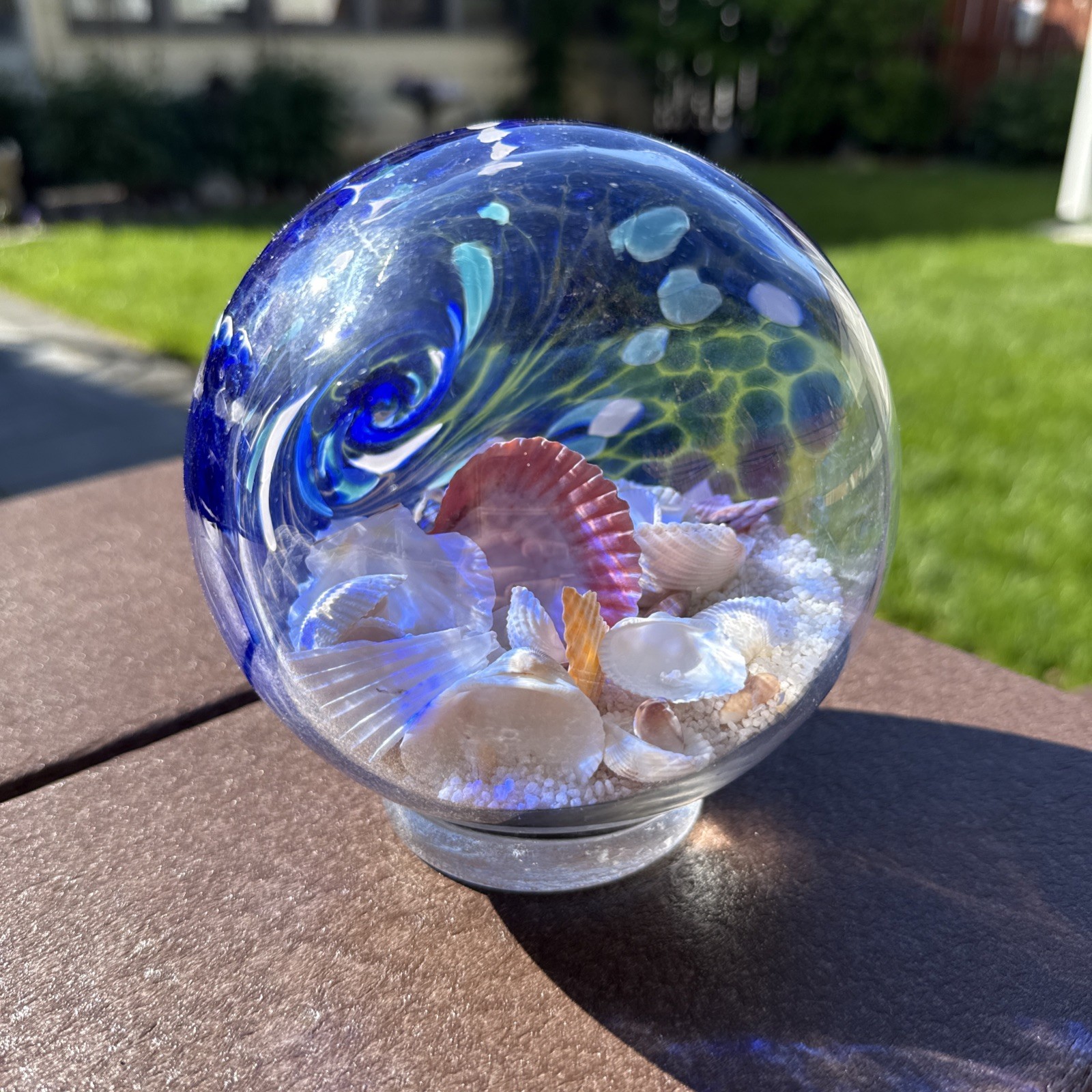 Large Hand Blown Ocean Waves Orb Globe Ball With Sand & Seashells 5.5”