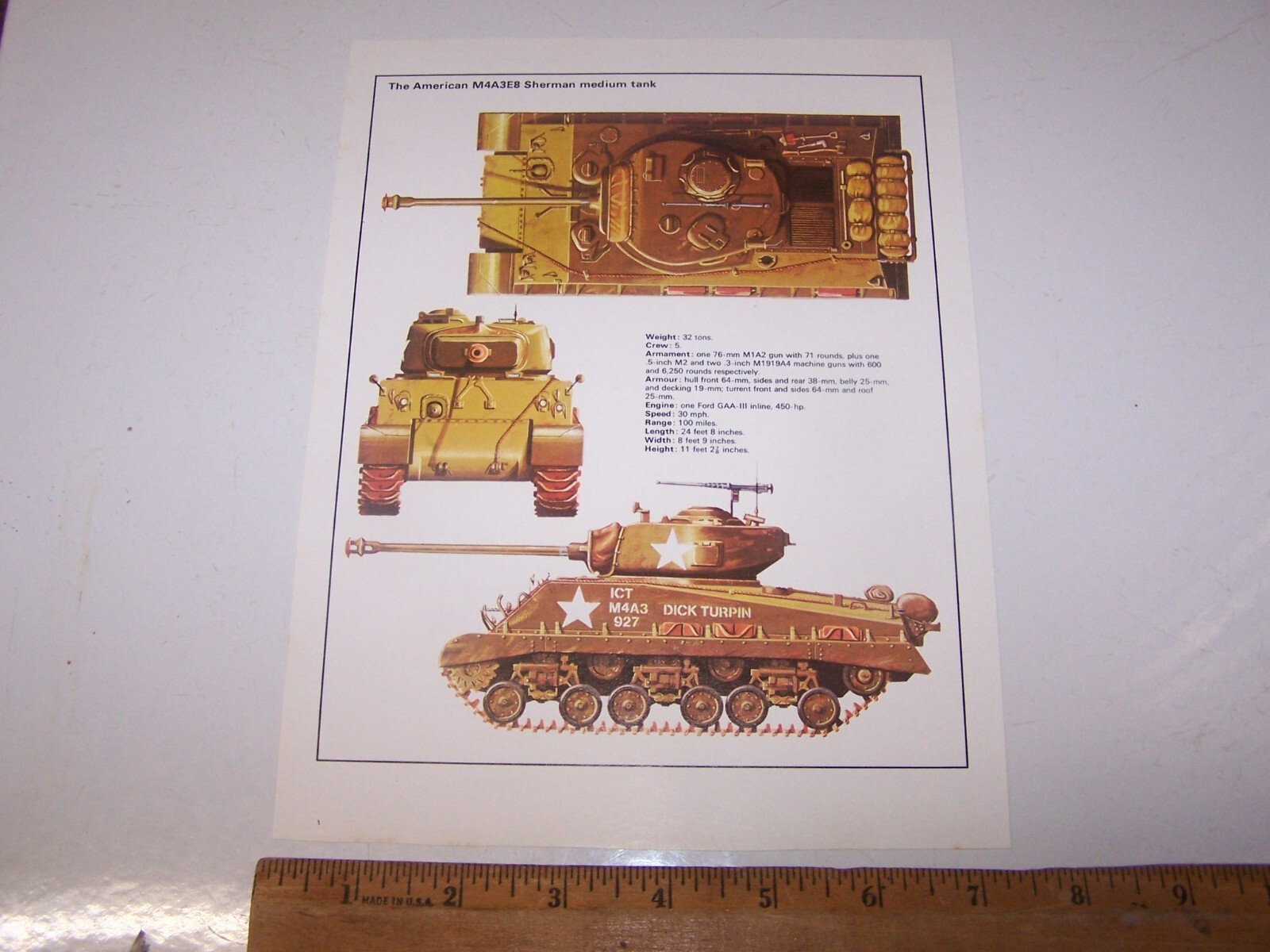 Vintage AMERICAN M4A3E8 SHERMAN MEDIUM TANK 7.25" x 9.50" Print