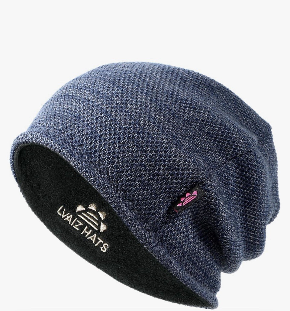 Lvaiz Hats Blue Fleece Lined Double Layer Super Stretchy Winter Beanie for Men
