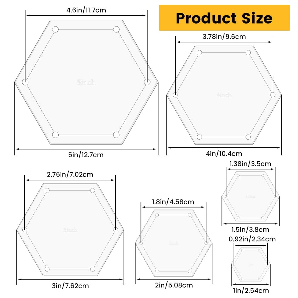 Hexagon Quilting Template Set 6 Sizes 1-5" Clear Acrylic Patchwork Ruler