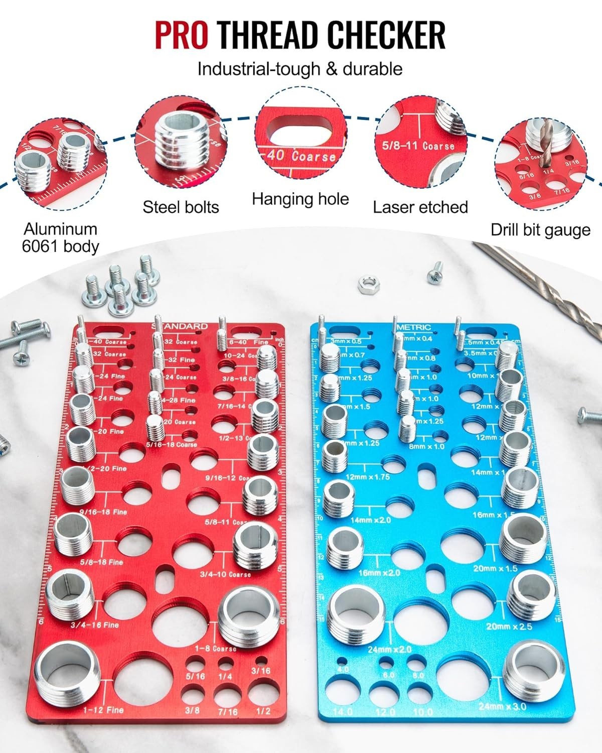 62pc Nut and Bolt Thread Checker SAE Metric Bolt Identifier & Drill Bit Gauge
