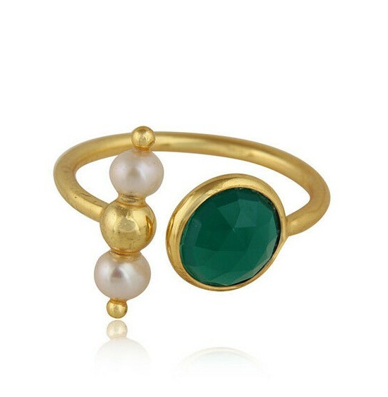 18k gold plated 925 silver adjustable pearl and green onyx ball loop rings