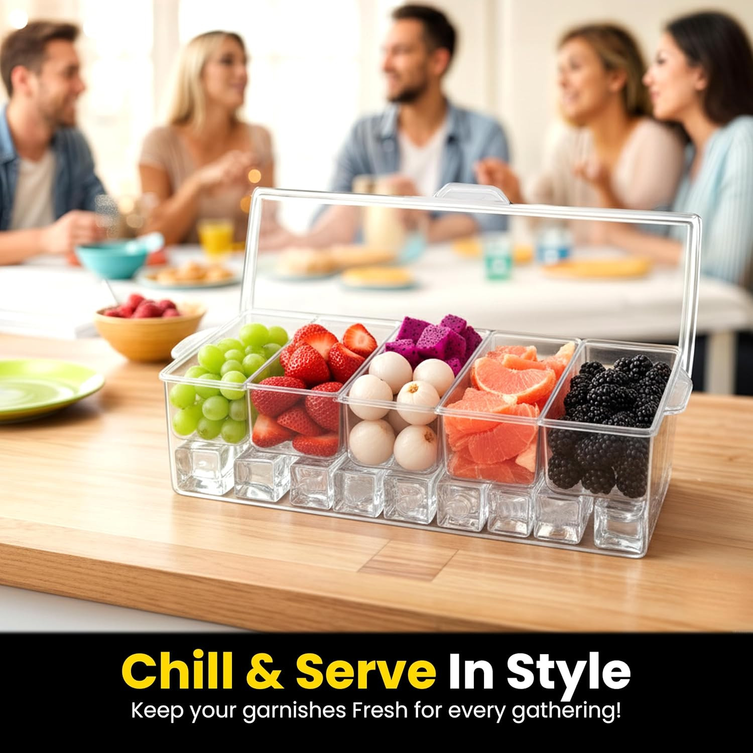 Ice Chilled Condiment Caddy with Lid, 5 Compartments Utensils