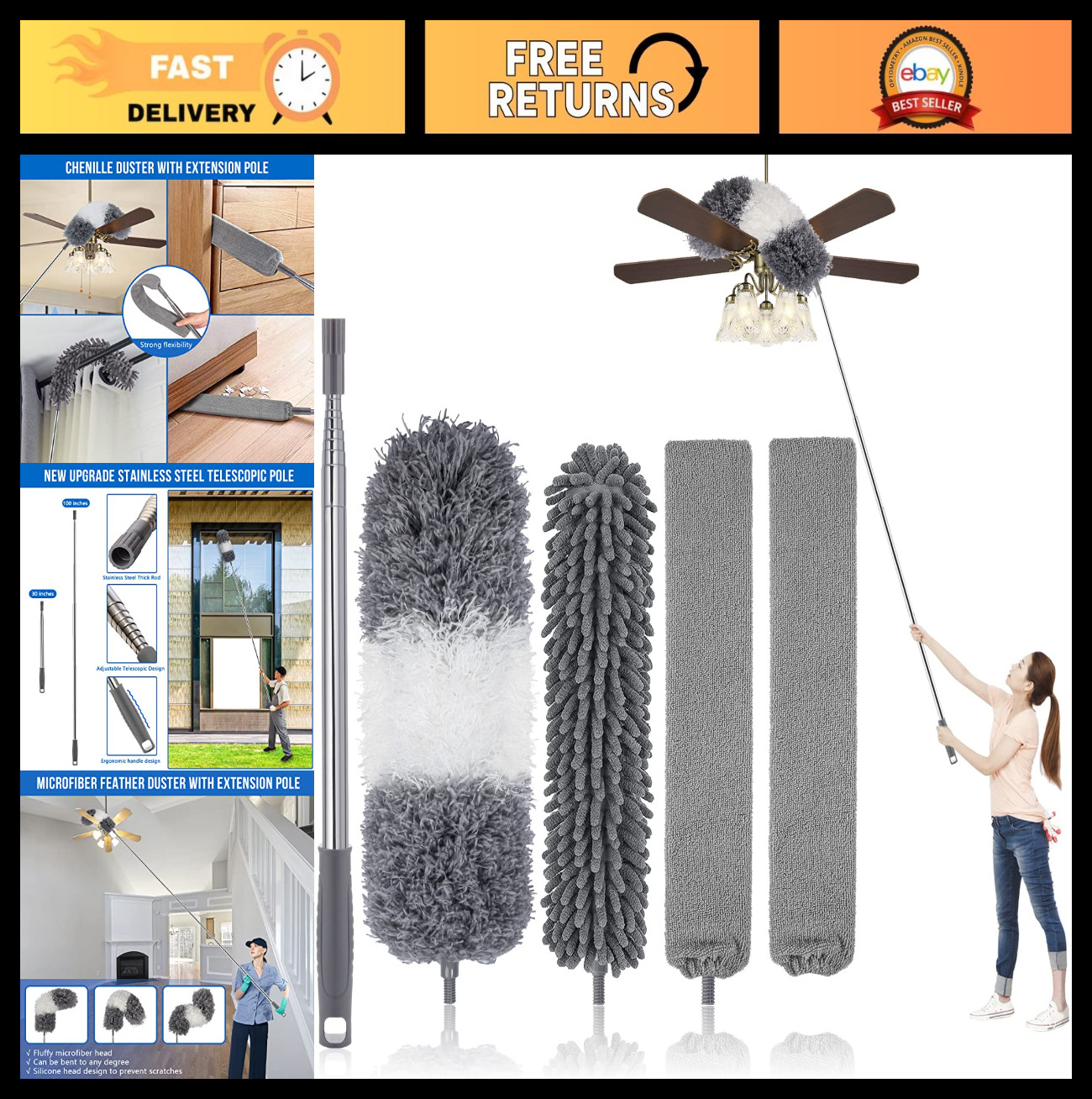 Extendable Microfiber Feather Duster Kit 30-100" - Bendable, Washable, 5 Pcs for