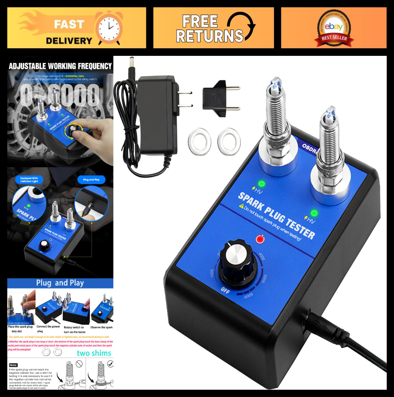 Dual Hole Spark Plug Tester Tool | Adjustable 0-6000RPM Engine Ignition Tester f