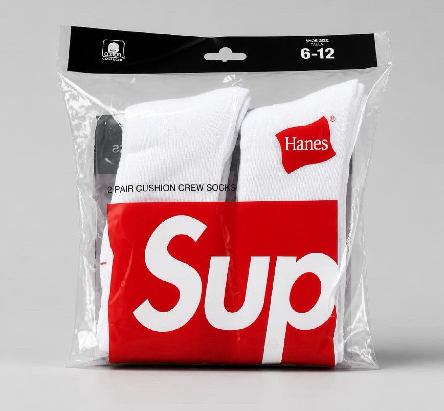 Supreme x Hanes 2 Pair Cushioned Crew Socks White/Red Logo Men’s 6-12