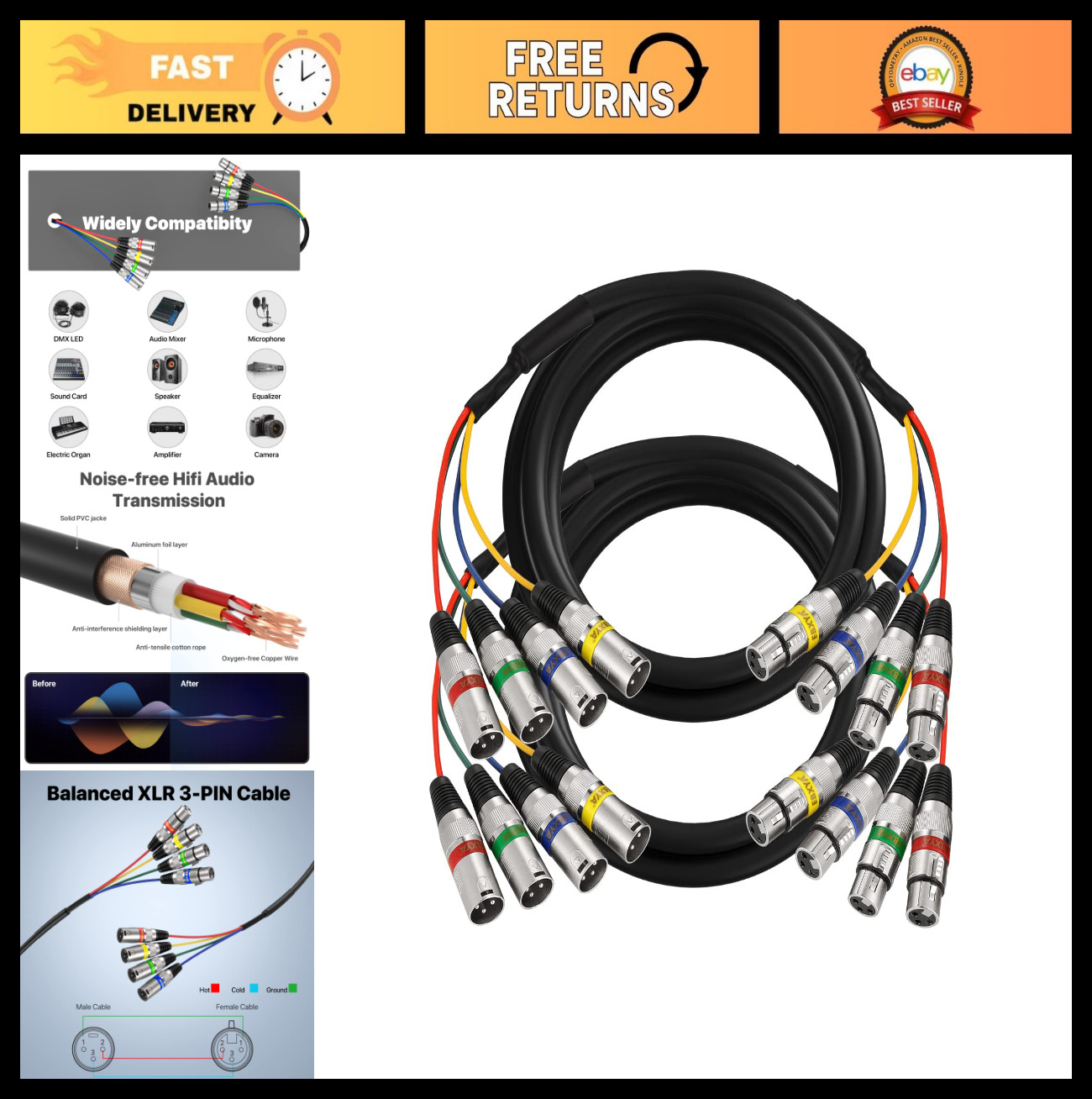 15 Ft XLR Snake Cables 4-Channel Microphone Patch Cable Male to Female - 2 Pack