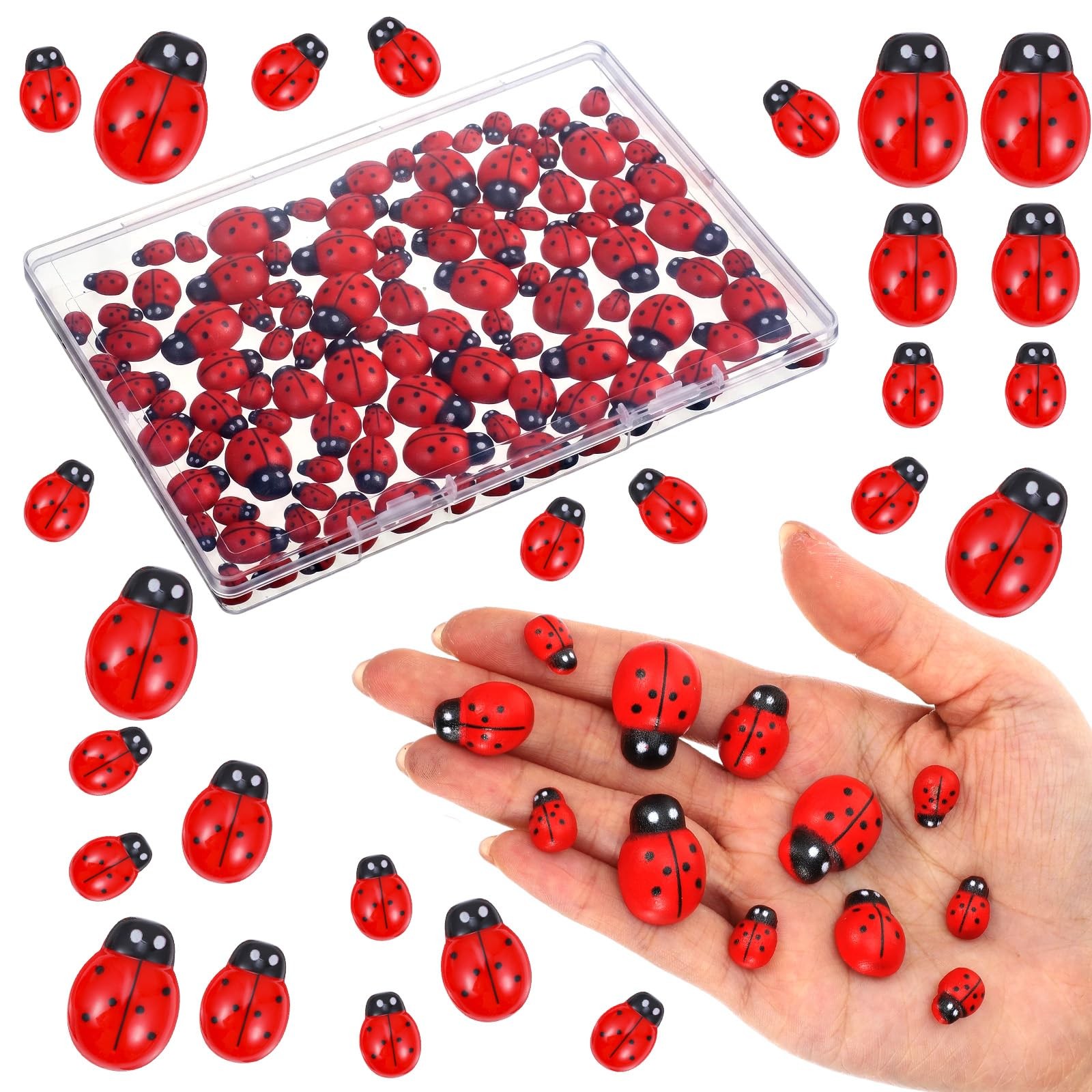 100 Pcs Mini Wooden Ladybugs, Tiny Wooden Ladybugs Animals 3 Size Miniature L...