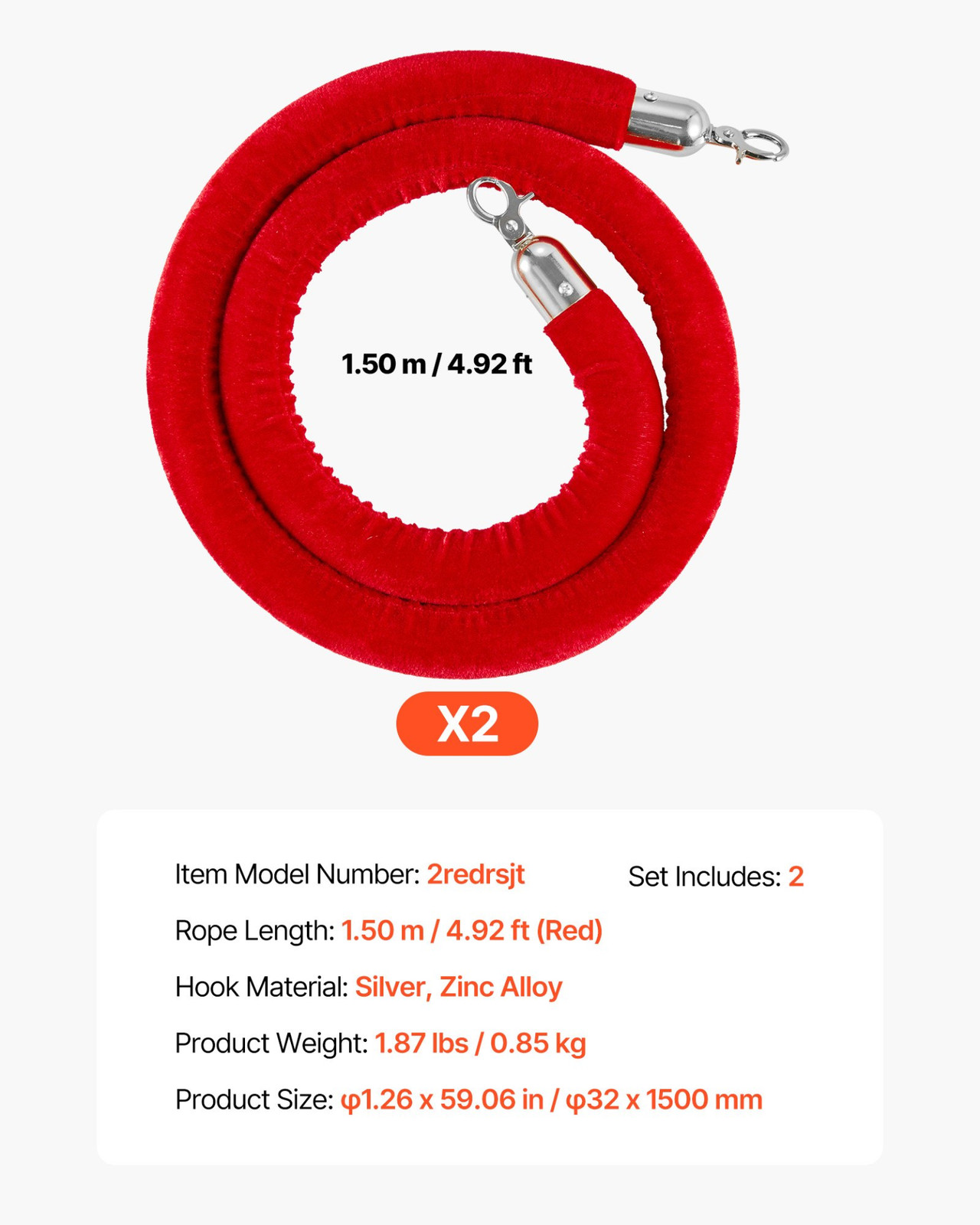 2PCS Red Velvet Stanchion Ropes 5ft Crowd Control w/ Silver Hooks