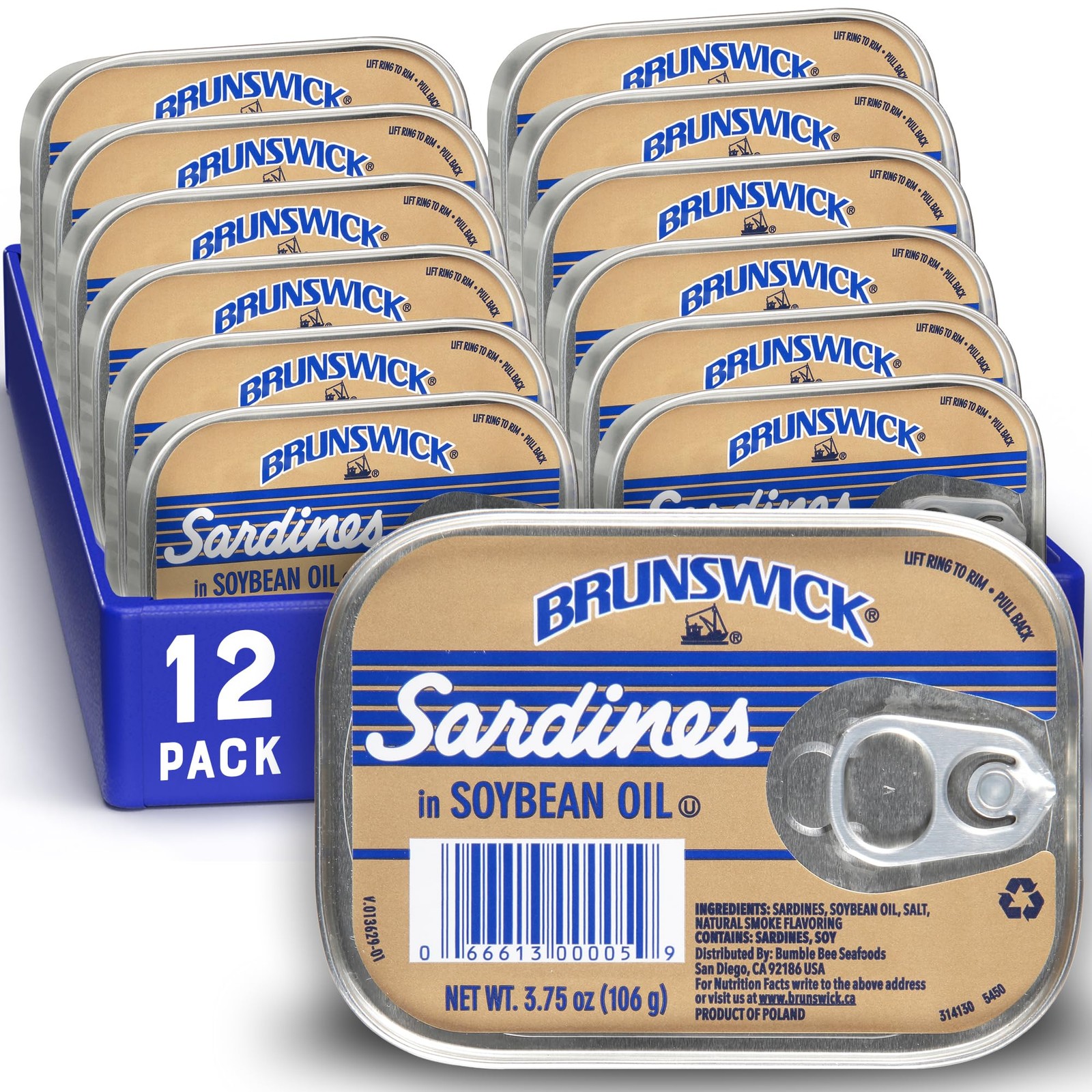 Brunswick Wild Caught Sardines in Soybean Oil, 3.75 oz Can Pack of 12 - 14g P...