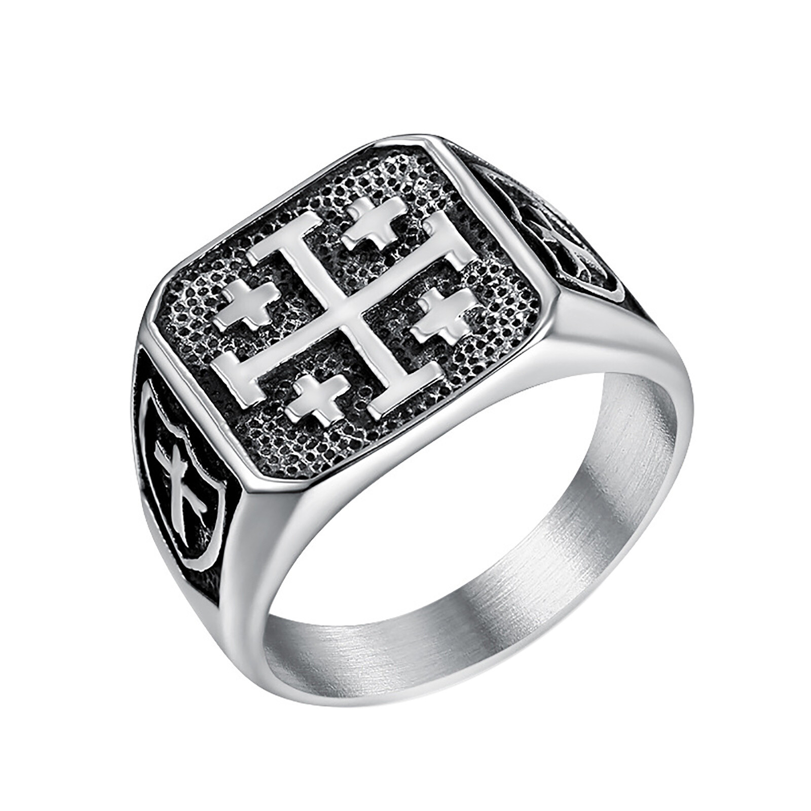 Men's Retro Stainless Steel Jerusalem Cross Signet Ring Size 8-13 Religious Gift