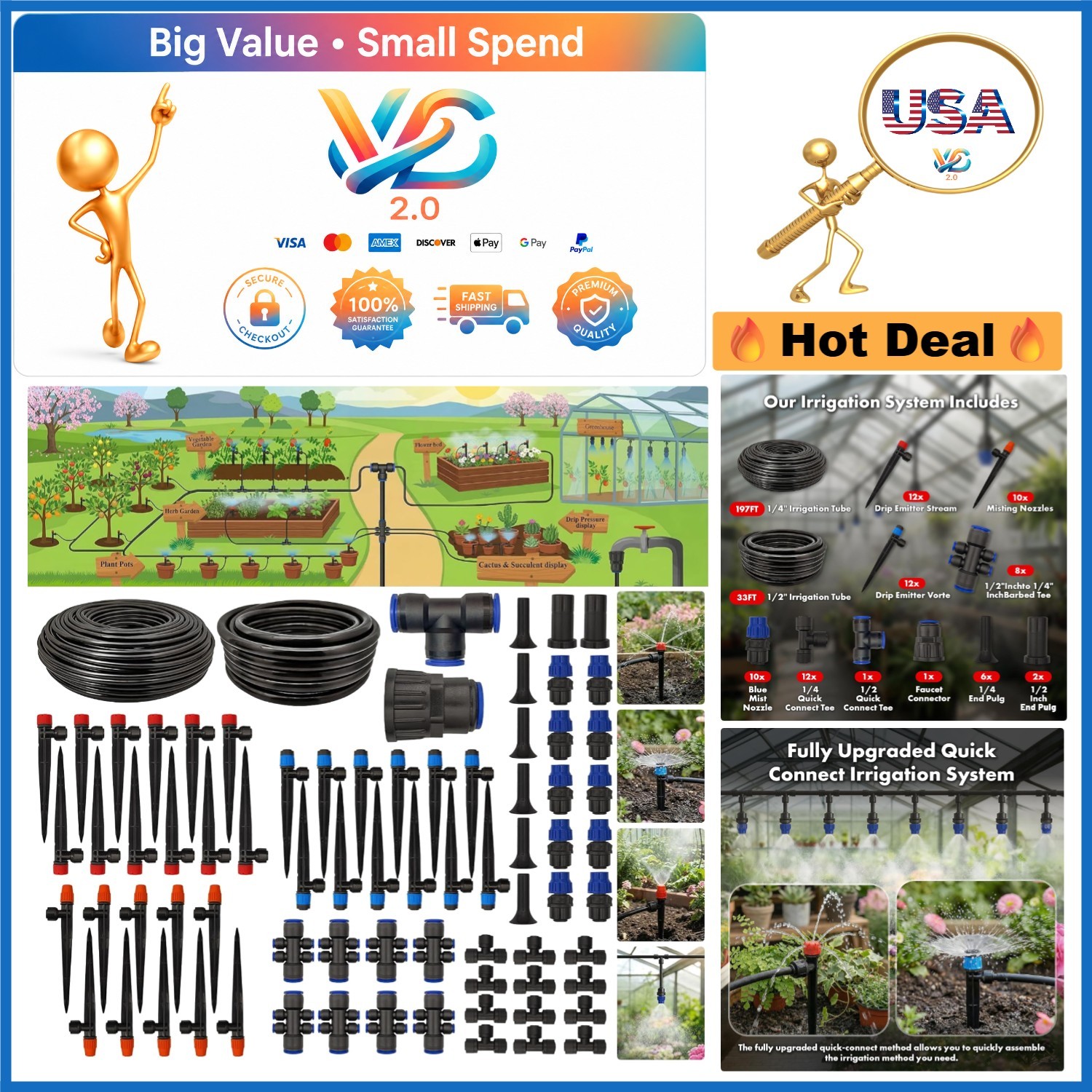 230Ft Drip Irrigation Kit with Quick Connect Fittings for Garden and Plant Wa...