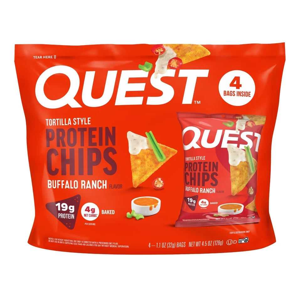 Quest Tortilla Style Protein Chips, Buffalo Ranch Flavor, Baked, 1.1oz Bags, 4CT