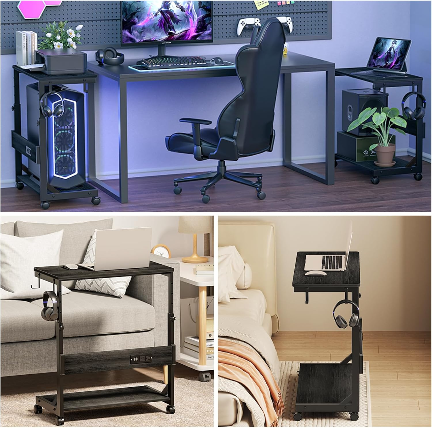 Height Adjustable PC Tower Stand with USB Charging & Locking Wheels