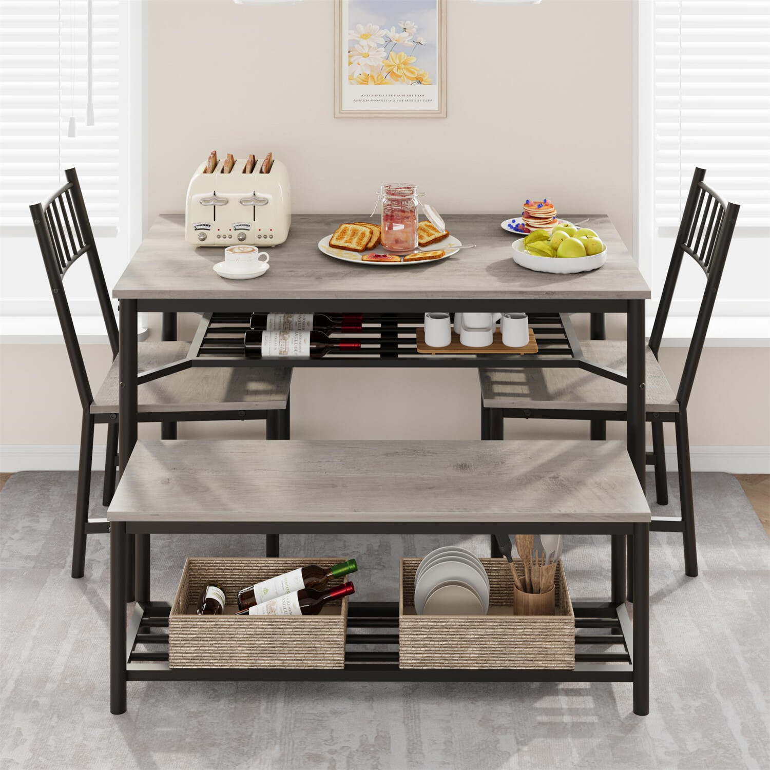 ✅Dining Table Set for 4 Kitchen Table and 2 Chairs with Storage Bench Dining Set