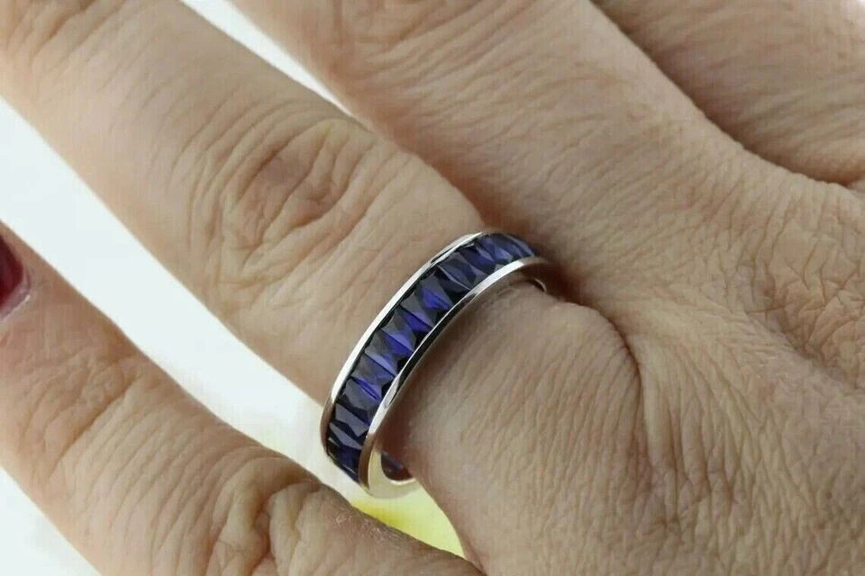 14K White Gold Plated Lab-Created Blue Sapphire Men Wedding Eternity Band 2Ct