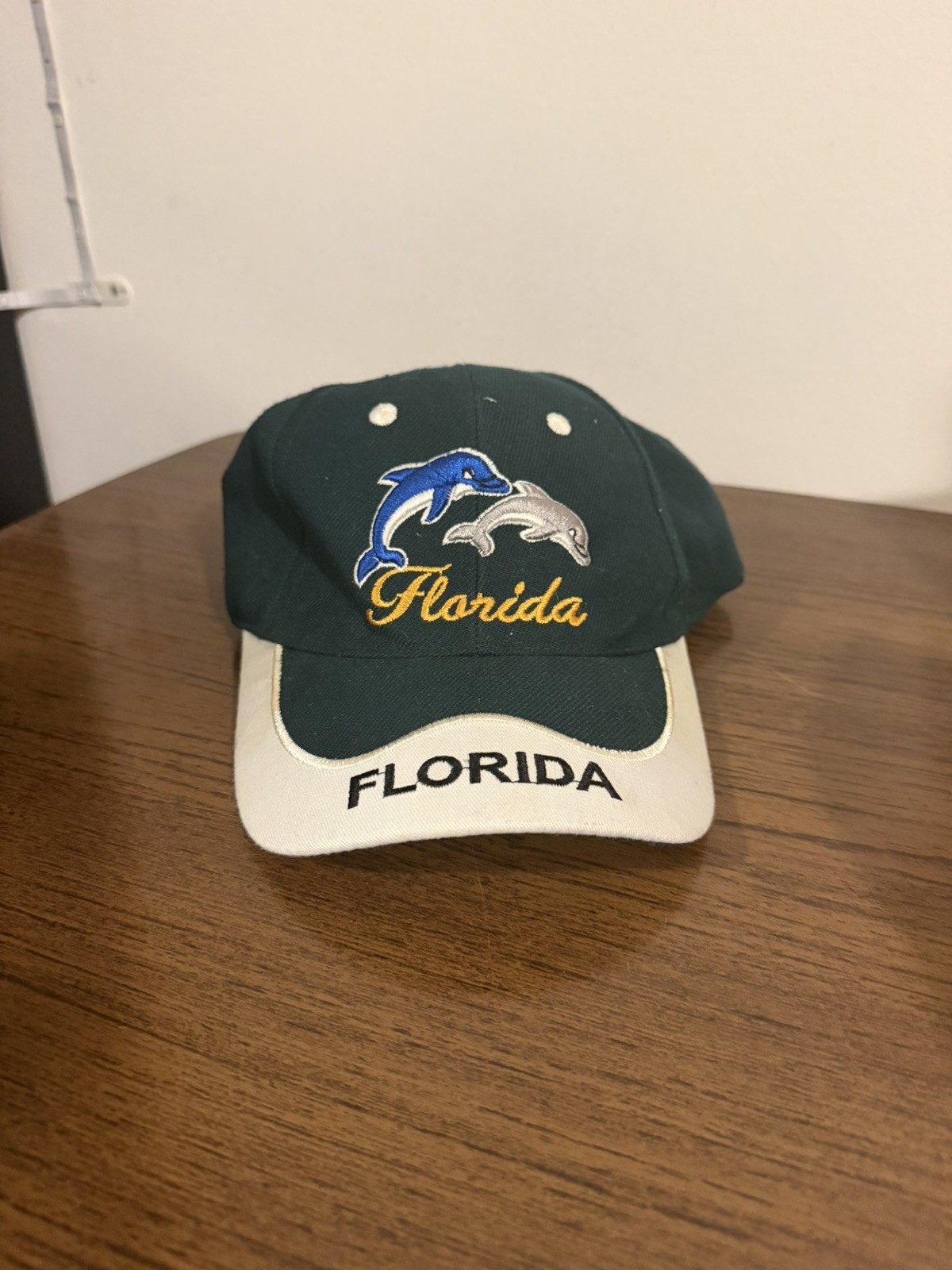 Florida Green with Embroidered Dolphins Hat Cap White on Bill Hook Loop GR68