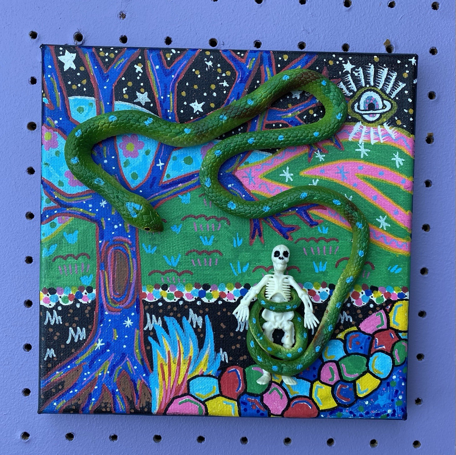 Original Art- Human In The Grass- Acrylic Painting- 3D Snake On Canvas