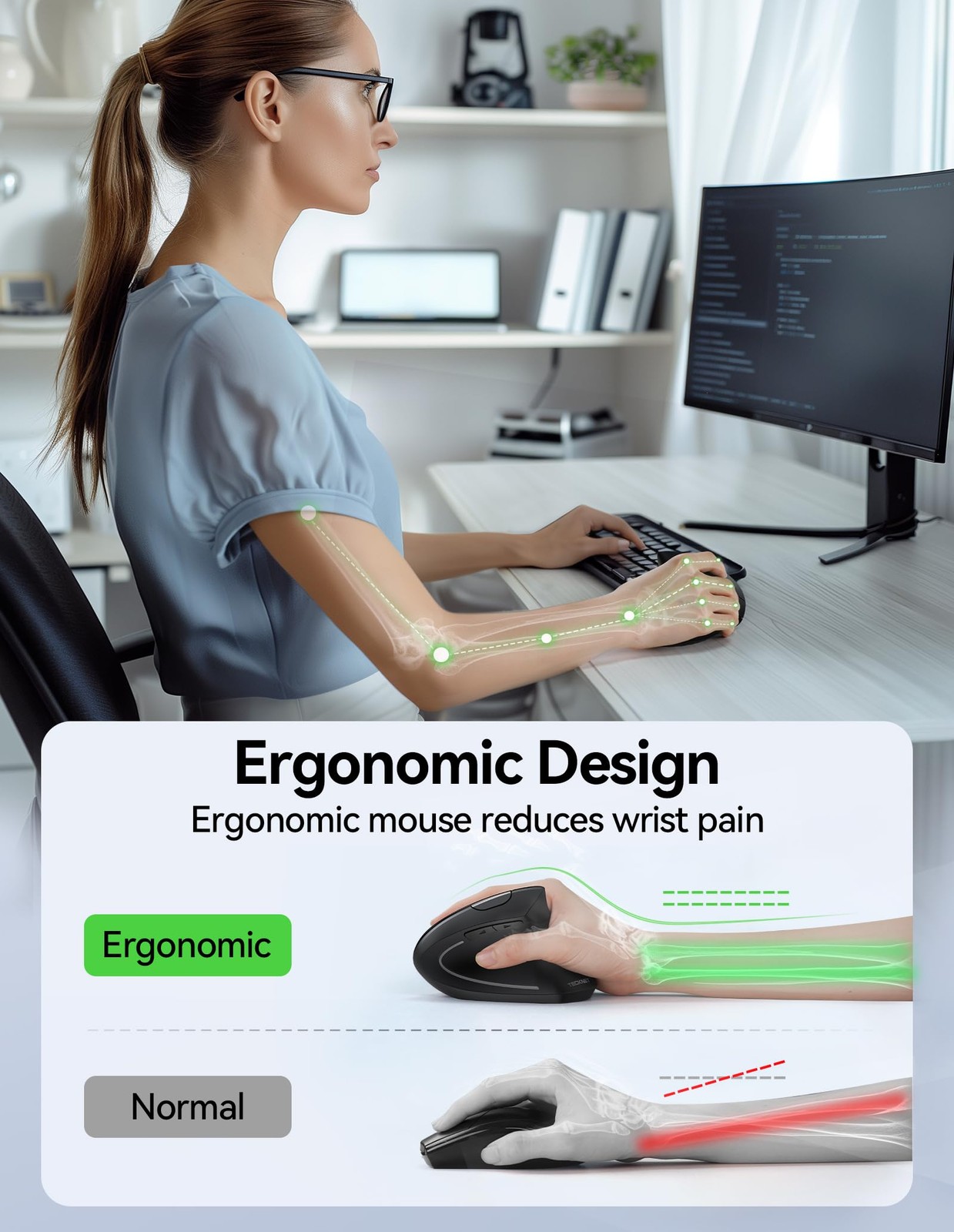 TECKNET Ergonomic Mouse, Wireless Rechargeable Vertical Mouse for Black