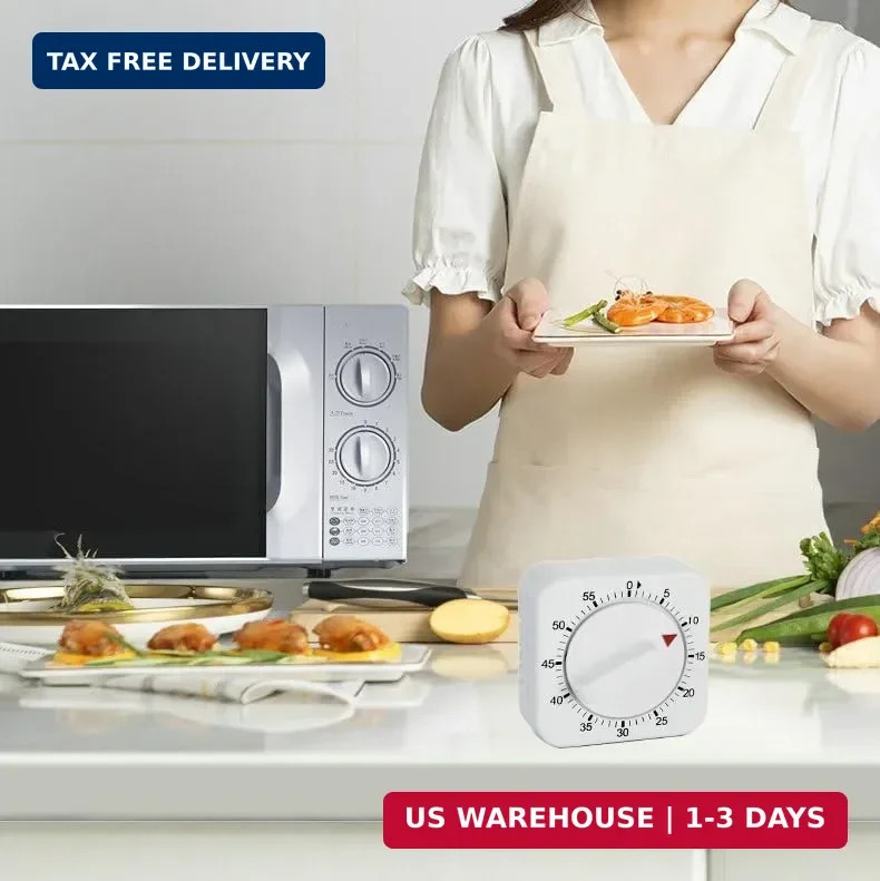 Square 60 Minute Mechanical Kitchen Timer Visual Countdown Loud Alarm White