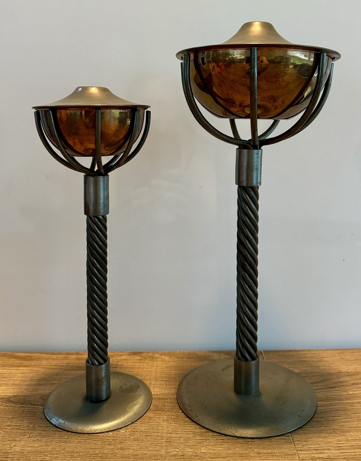 Vintage Table Top Oil Lamp Pair Of Metal Lamps MCM Made In Poland Brass Patina