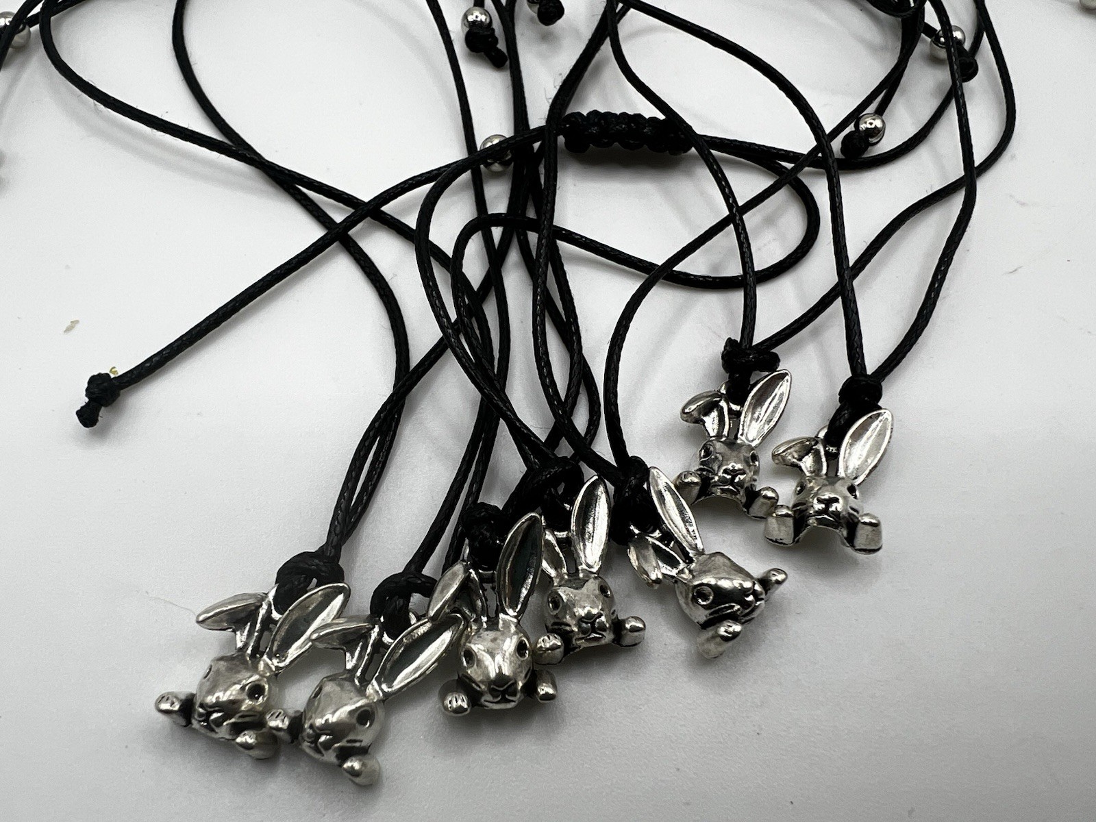 Lot Of 7 Wish Bracelets Adjustable Black Cord Silver Tone Beads & Bunny Charm