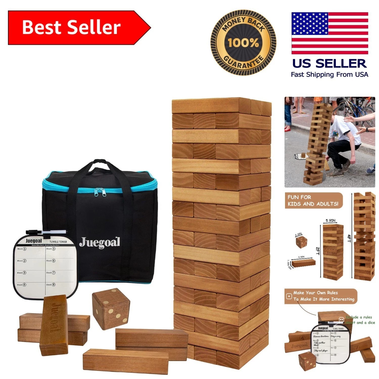 Portable 54-Piece Giant Wood Stacking Game with Canvas Bag for Endless Fun