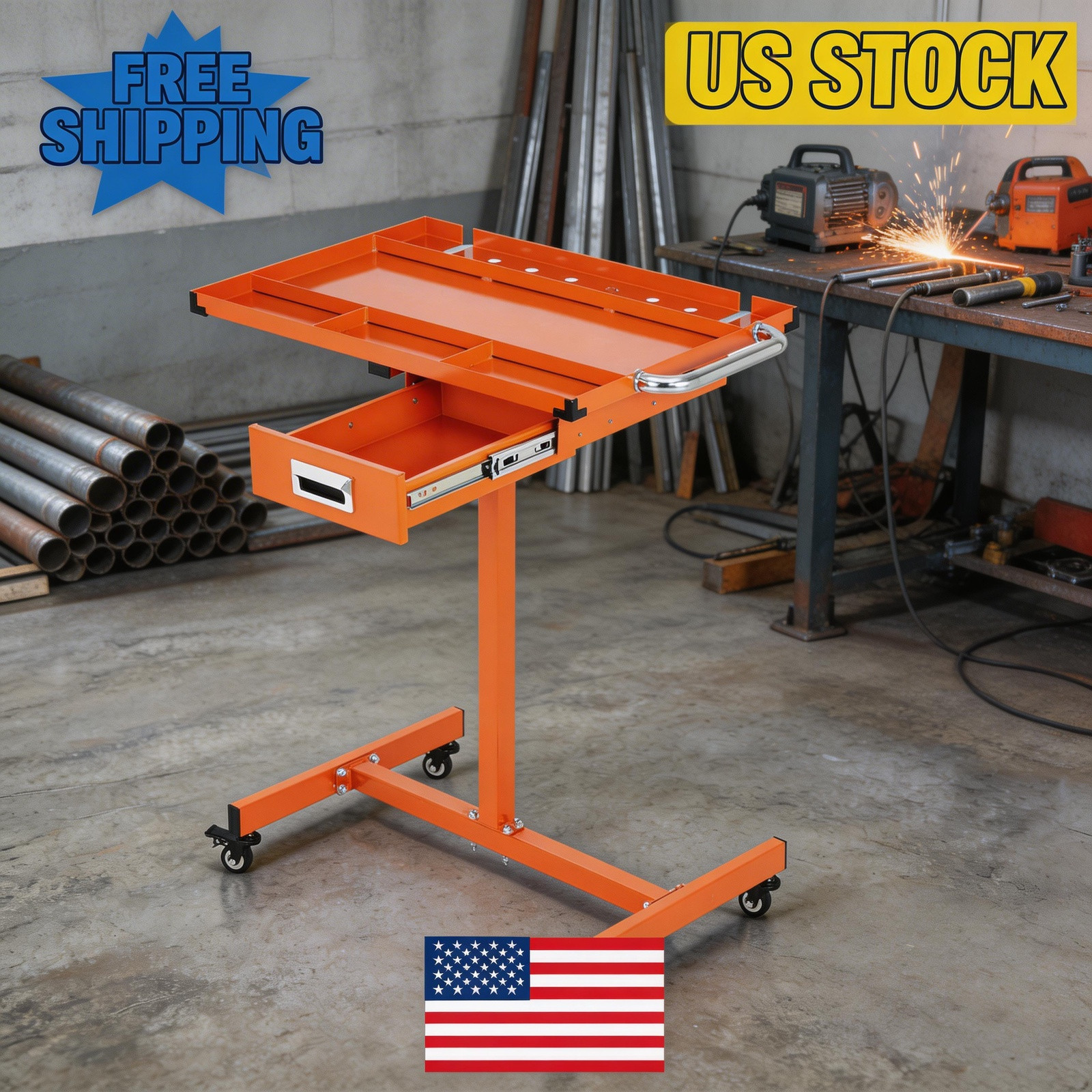 Locking Casters, Adjustable Height 35"-44.8" Rolling Steel with Workbench